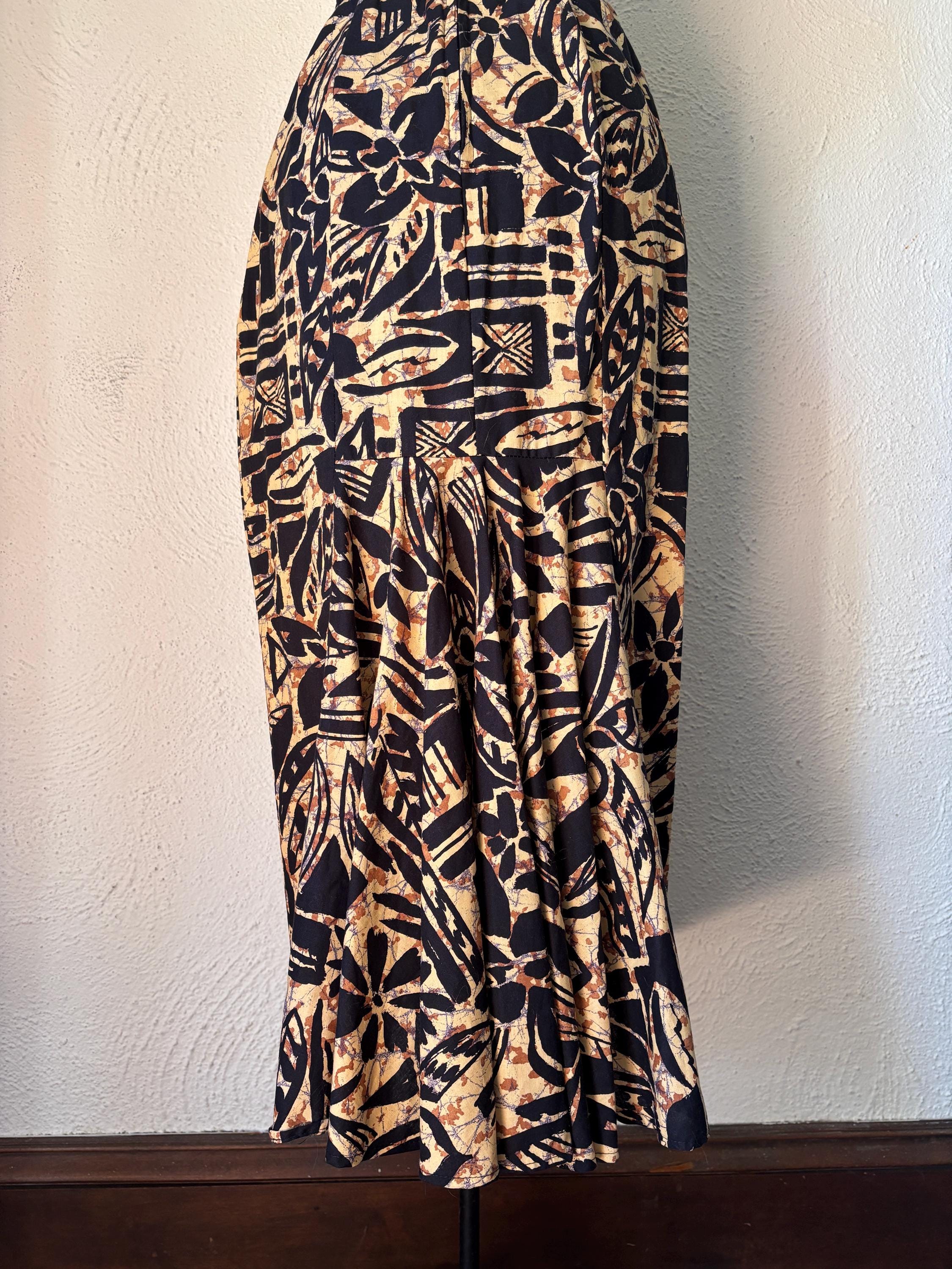 Tropical Brown Print Strapless Dress Sexy Graphic Maxi Stretch Panel Dress Sweetheart Neckline Made in USA 7/8 Vintage P.V. Rich Union Made