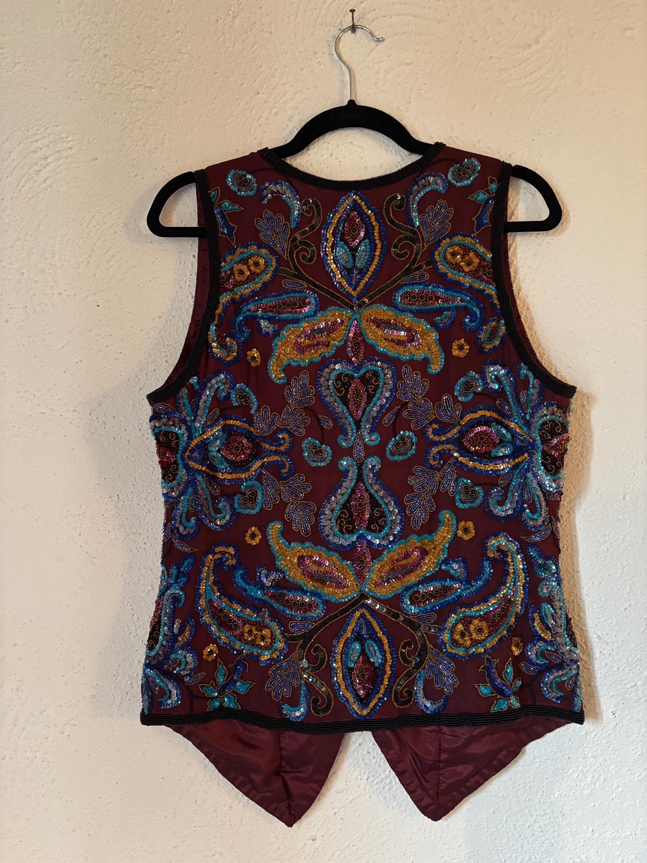 Vintage 80s 90s Beaded Paisley Embellished Sequin Dressy Elegant Silk Vest Niteline by Della Roufogali Shiny Metallic Burgundy Blue Medium