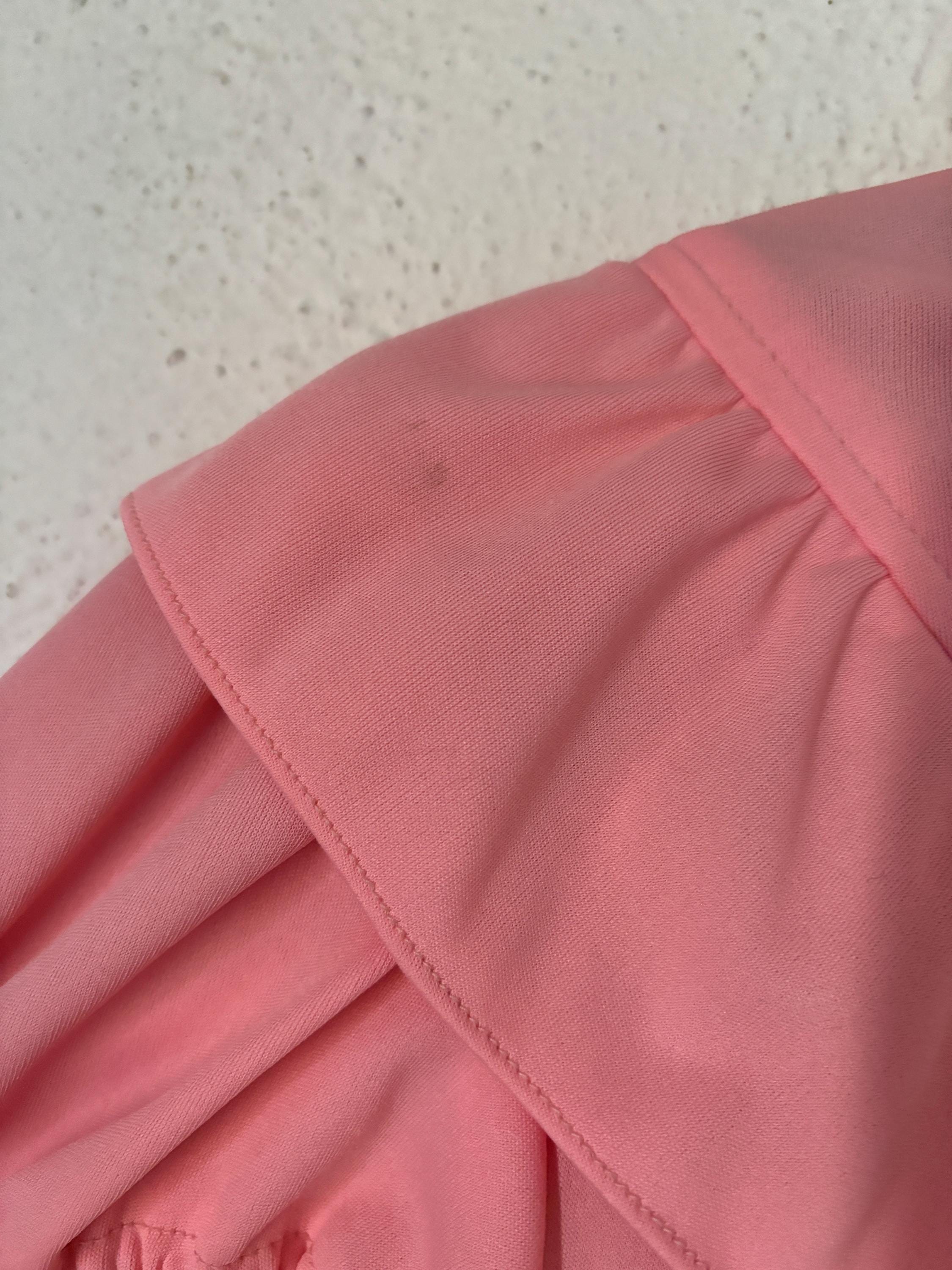 Romantic Pink Ruffled 1970s Maxi Dress Bubble Sleeve Sheer High Neck Embroidered Detail Size Small Medium