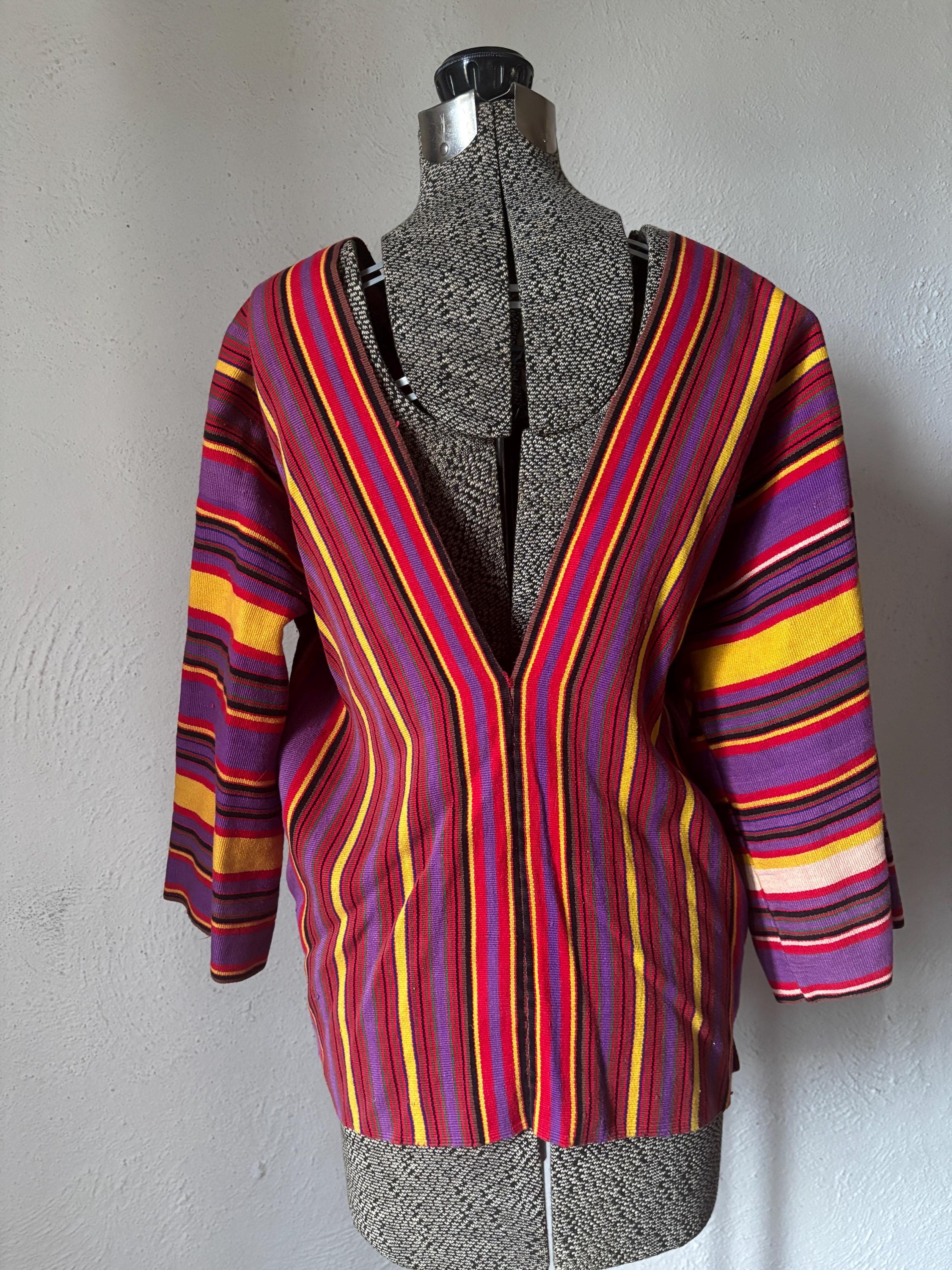 Vintage Guatemalan Huipil Handmade Red Purple Yellow Heavy Cotton Striped V Neck Long Sleeve Tunic Poncho Top with Embroidered Pockets