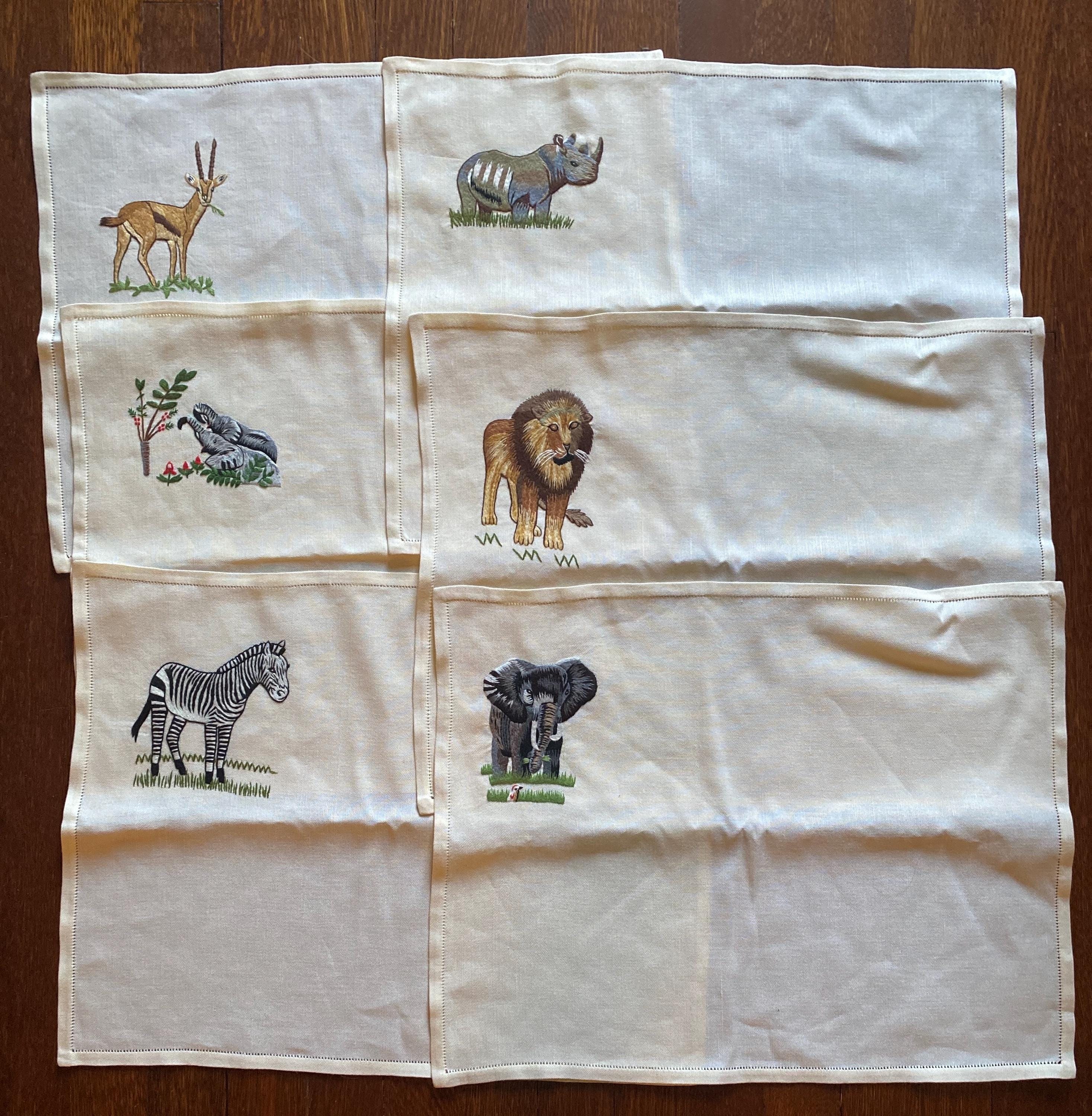 Vintage Linen Placemats and Matching Cloth Napkins 12 PCs Embroidered Safari Animals Lion Elephant Rhino Zebra Gazelle