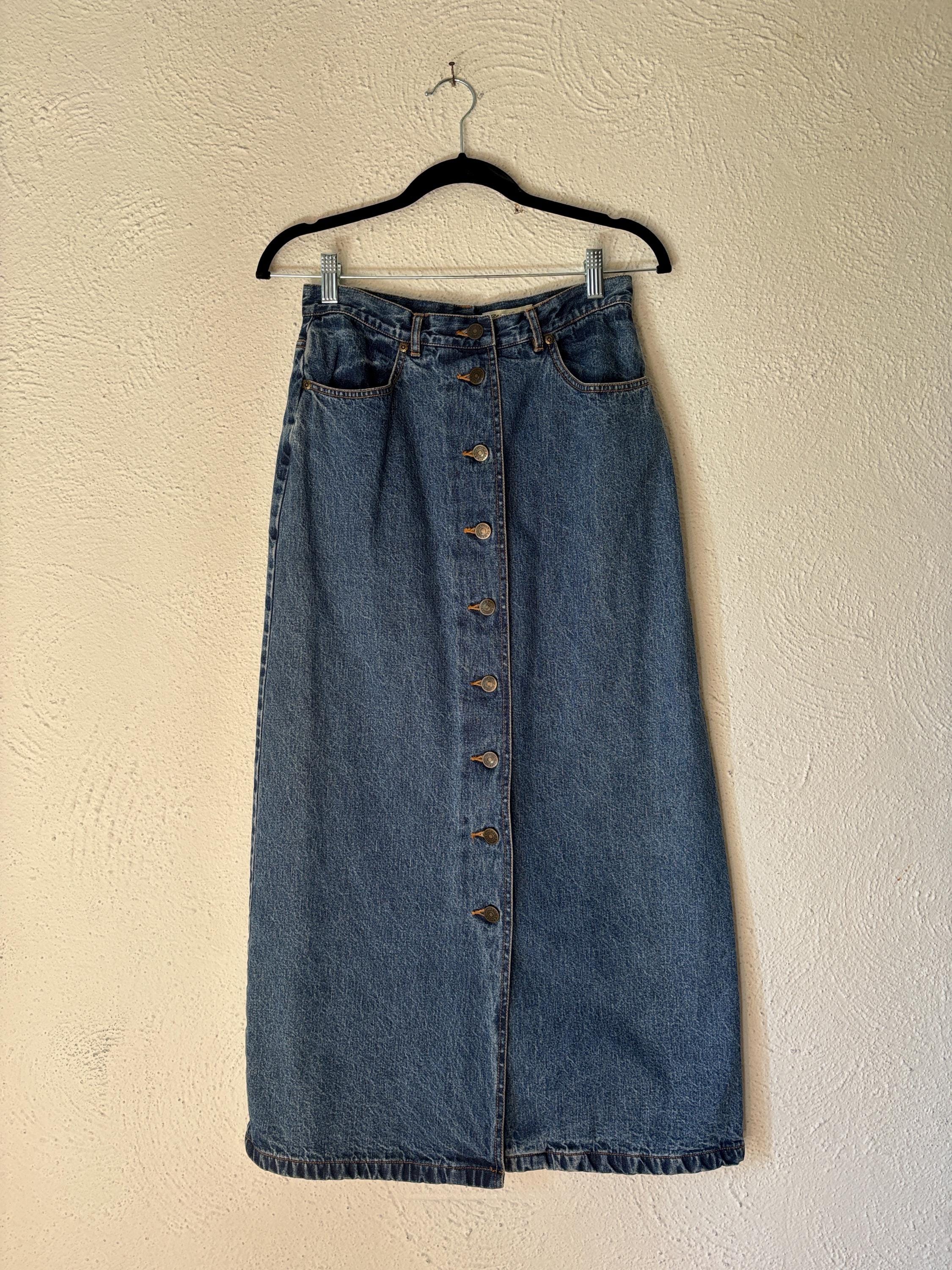 Eddie Bauer Denim Midi Maxi Red Plaid Fleece Lined Button Down Skirt Americana Pockets Cowgirl Cowboy Size 4 Small