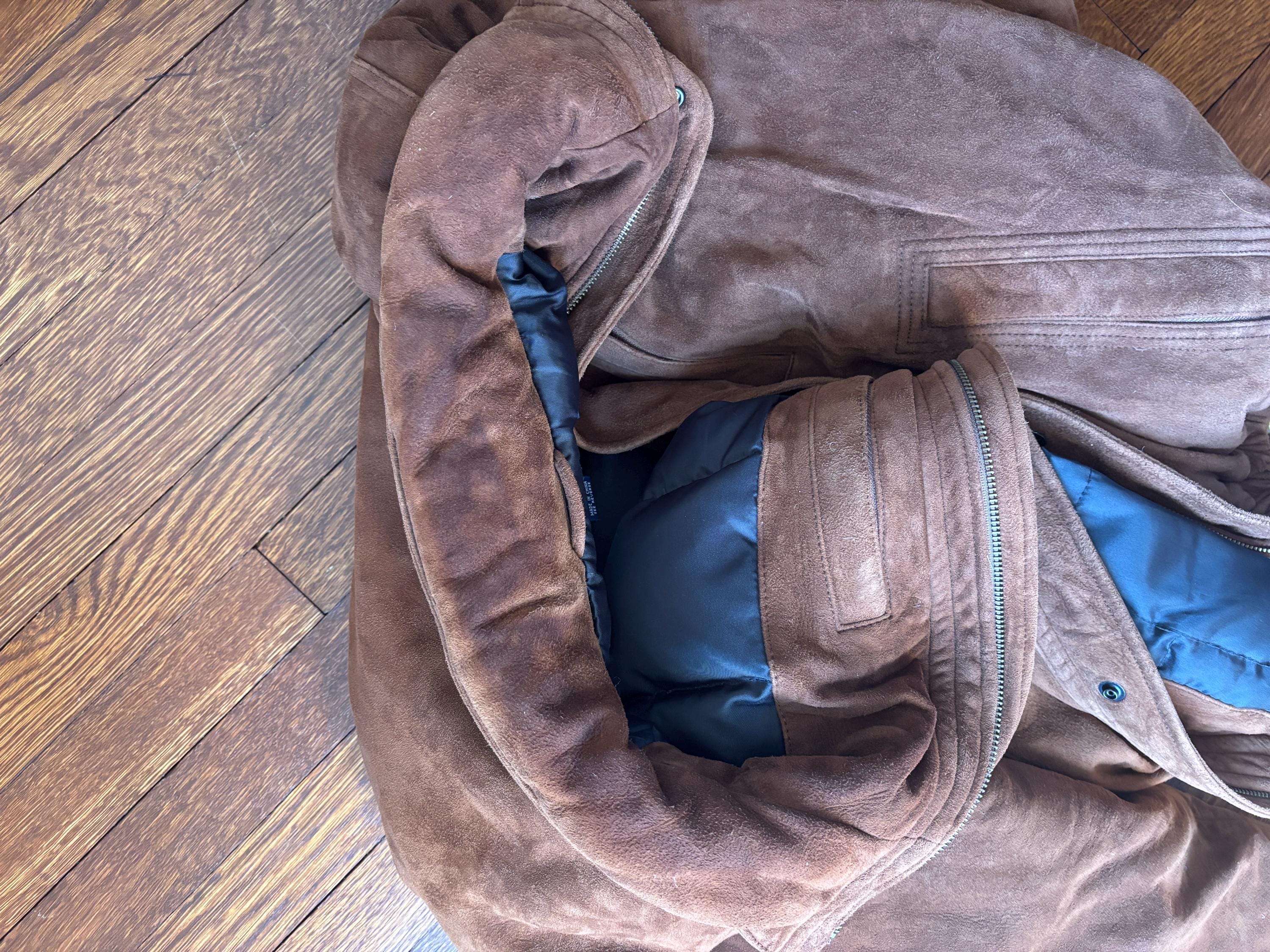 Rare POLO Sport Men’s Brown Suede Quilted Jacket Coat Down Filled Ralph Lauren Size Large Bomber Jacket Pockets