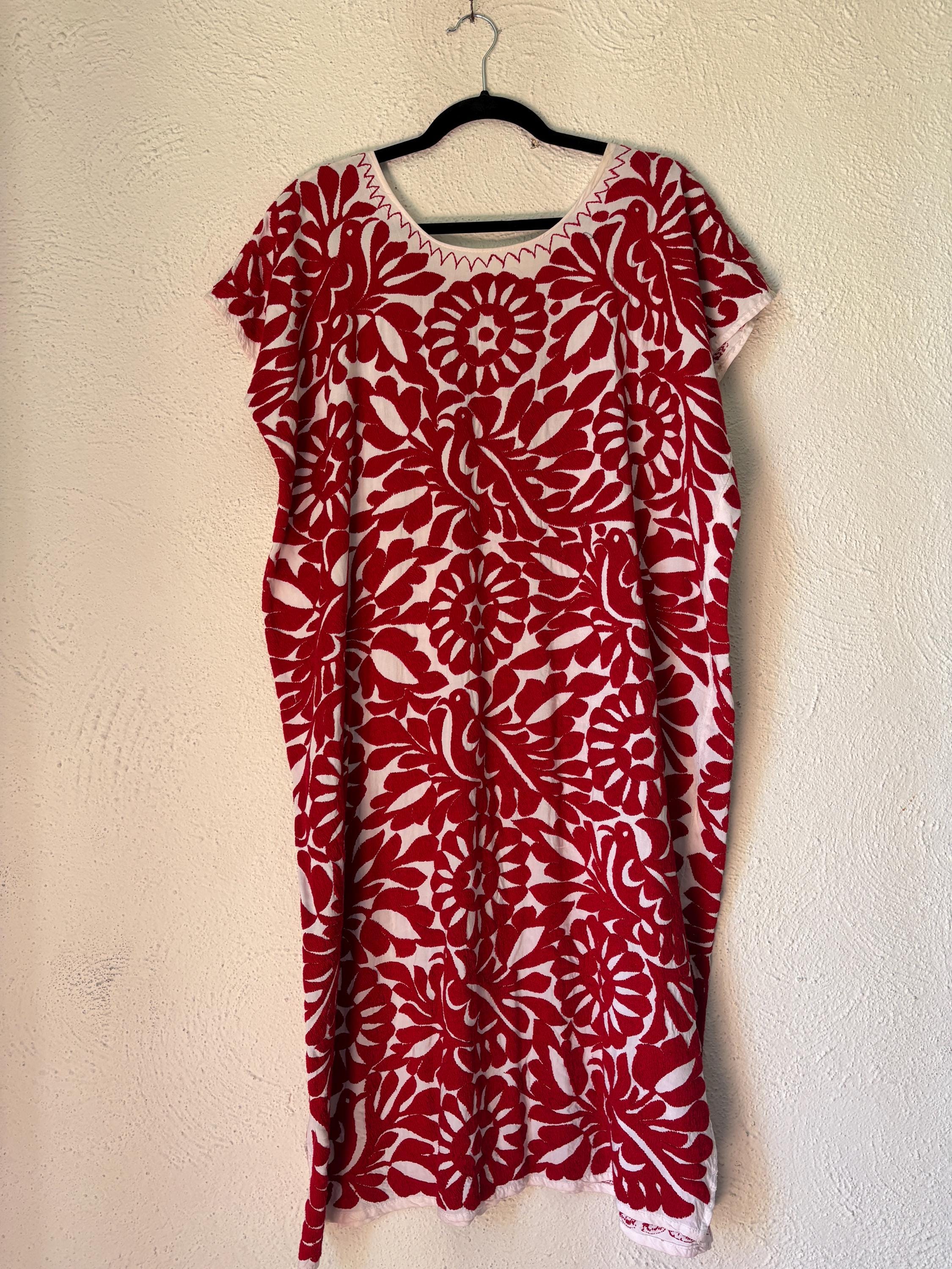 Vintage Mexican Huipil Red Embroidered Bird and Flower White Cotton Dress