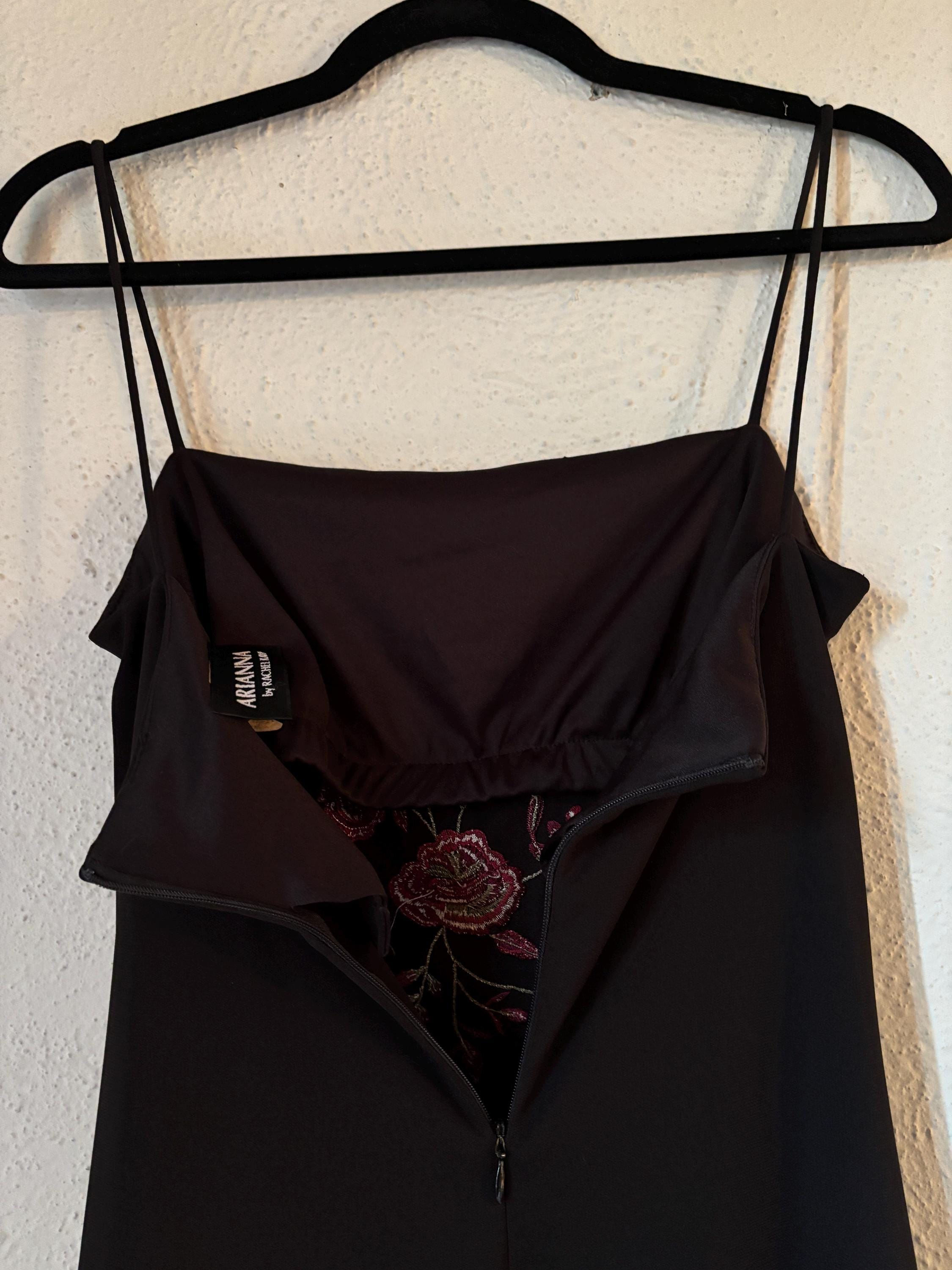90s Y2K Black Maxi Skinny Spaghetti Strappy Floral Embroidered Long Sexy Maxi Dress Arianna by Rachel Kaye Size Medium 10