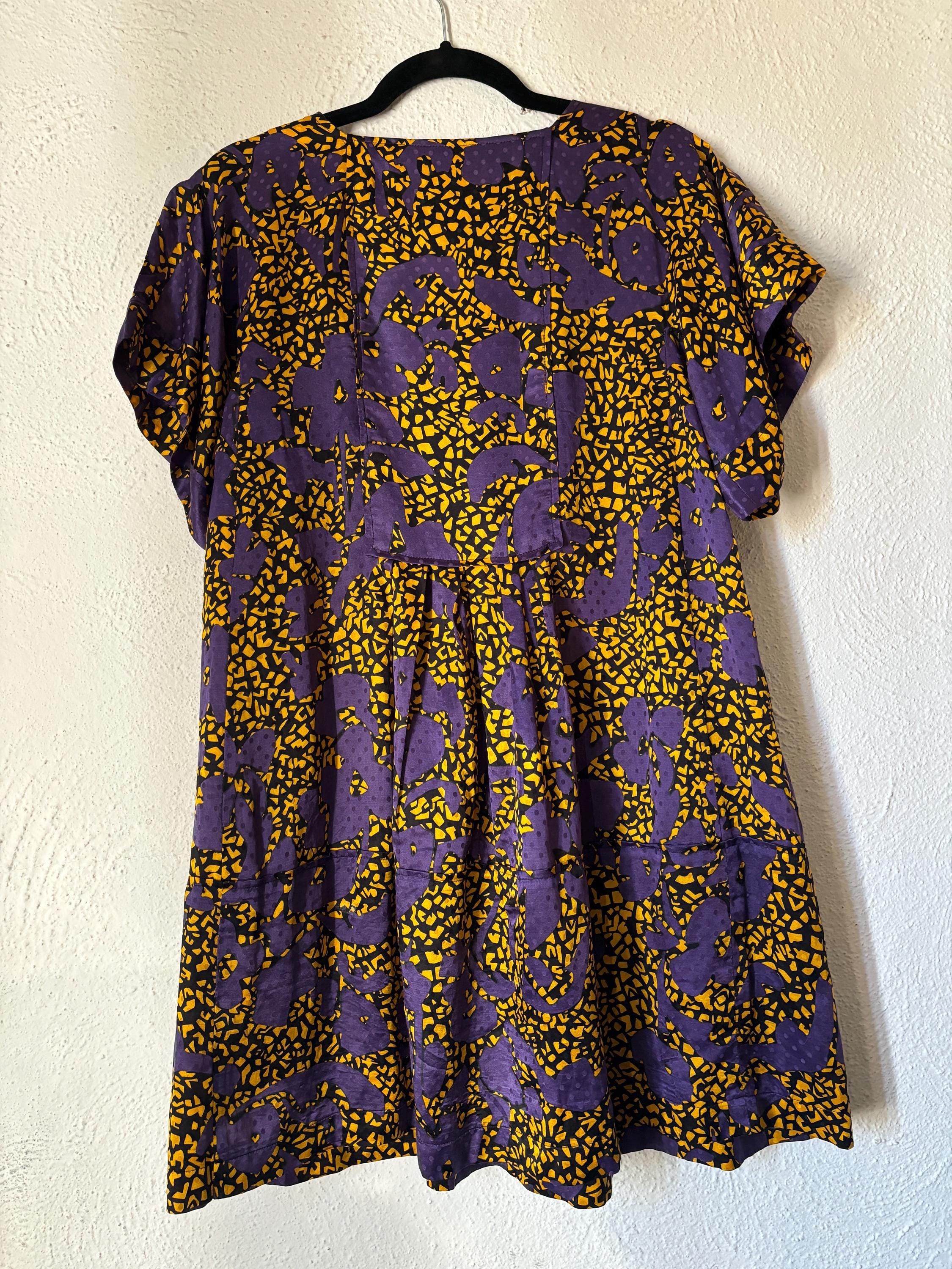 See by Chloe Purple and Yellow Graphic Print Oversized Button Down Mini Dress with Pockets Size Small Medium US 4