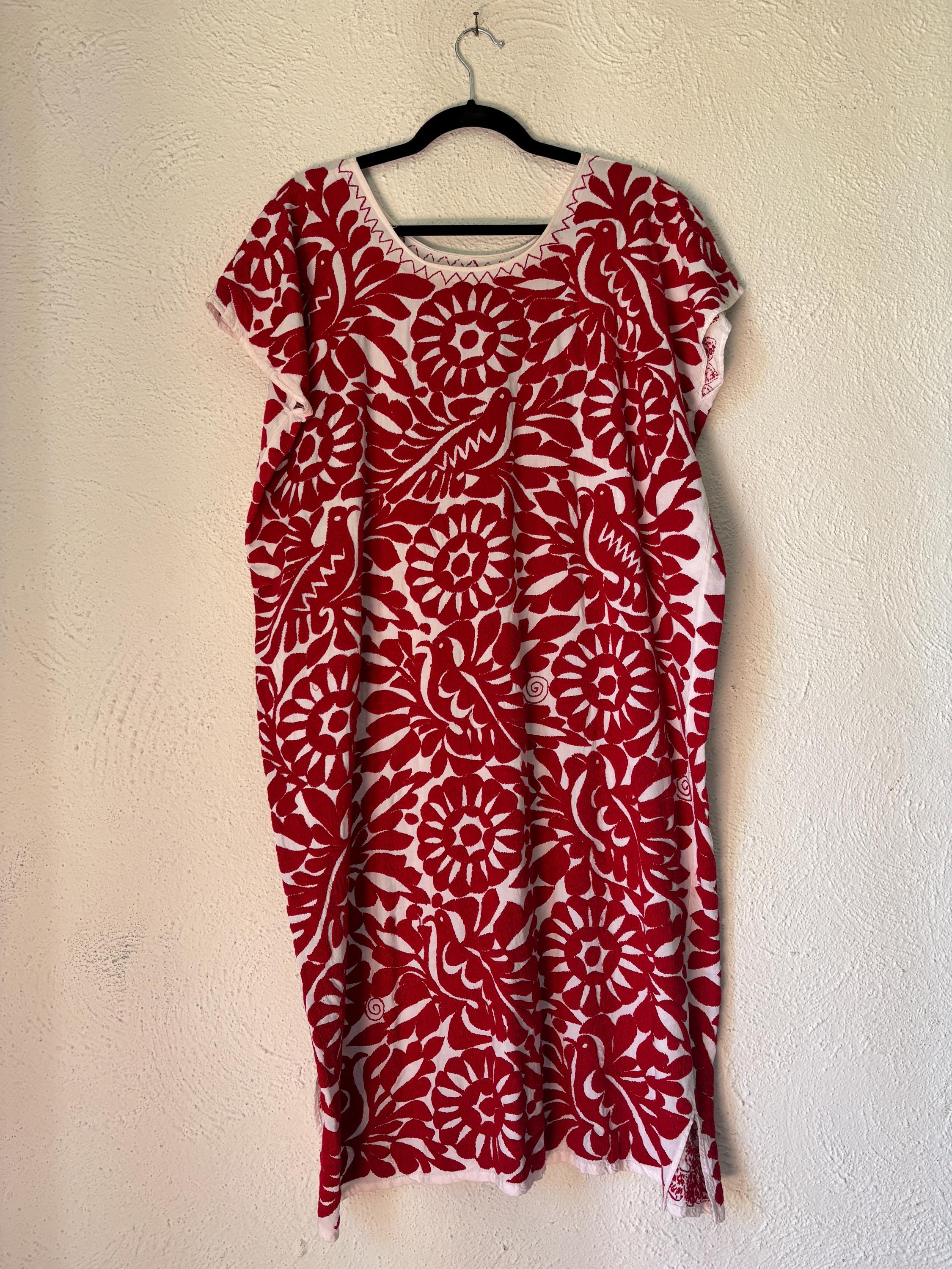Vintage Mexican Huipil Red Embroidered Bird and Flower White Cotton Dress