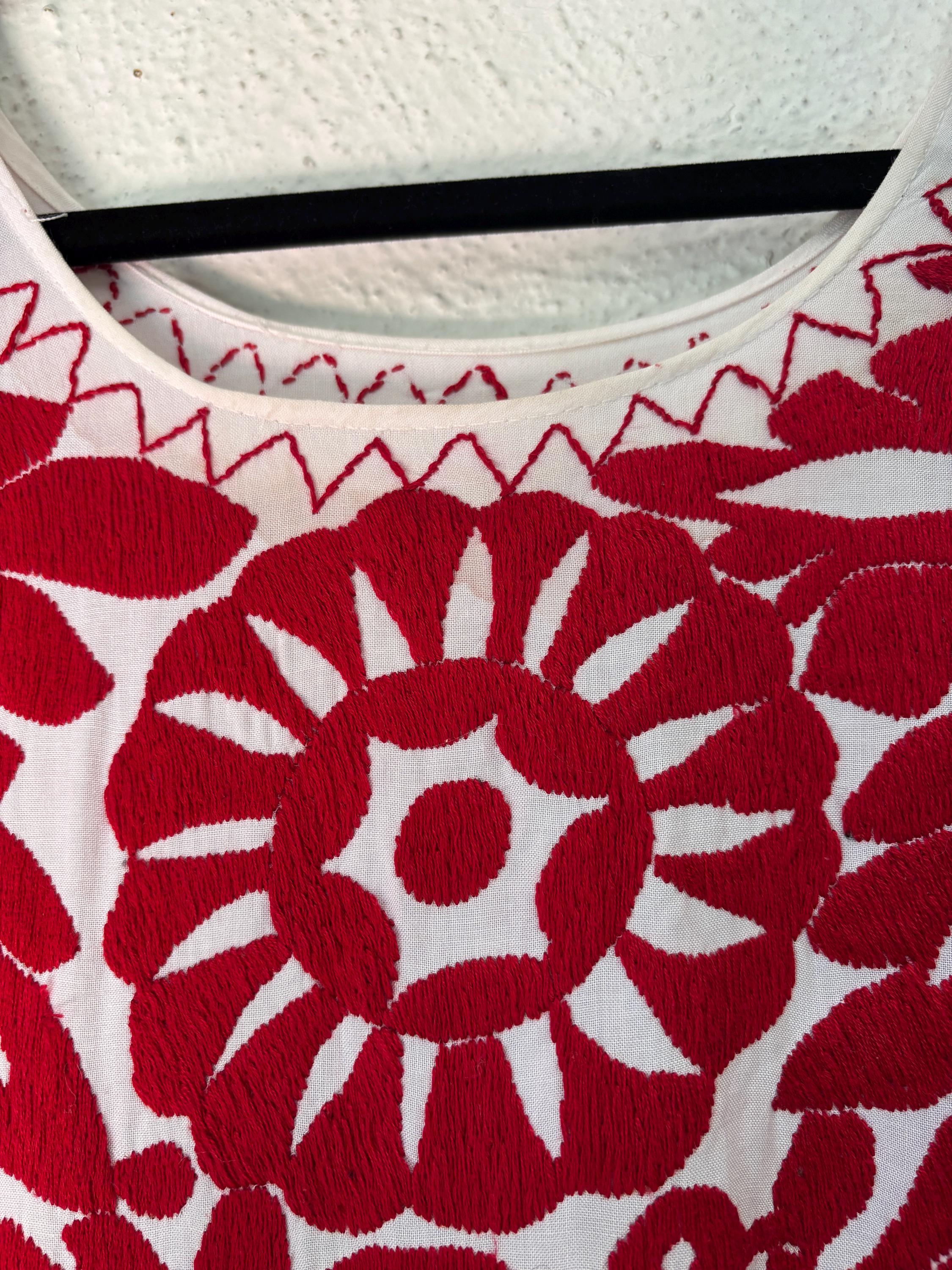 Vintage Mexican Huipil Red Embroidered Bird and Flower White Cotton Dress