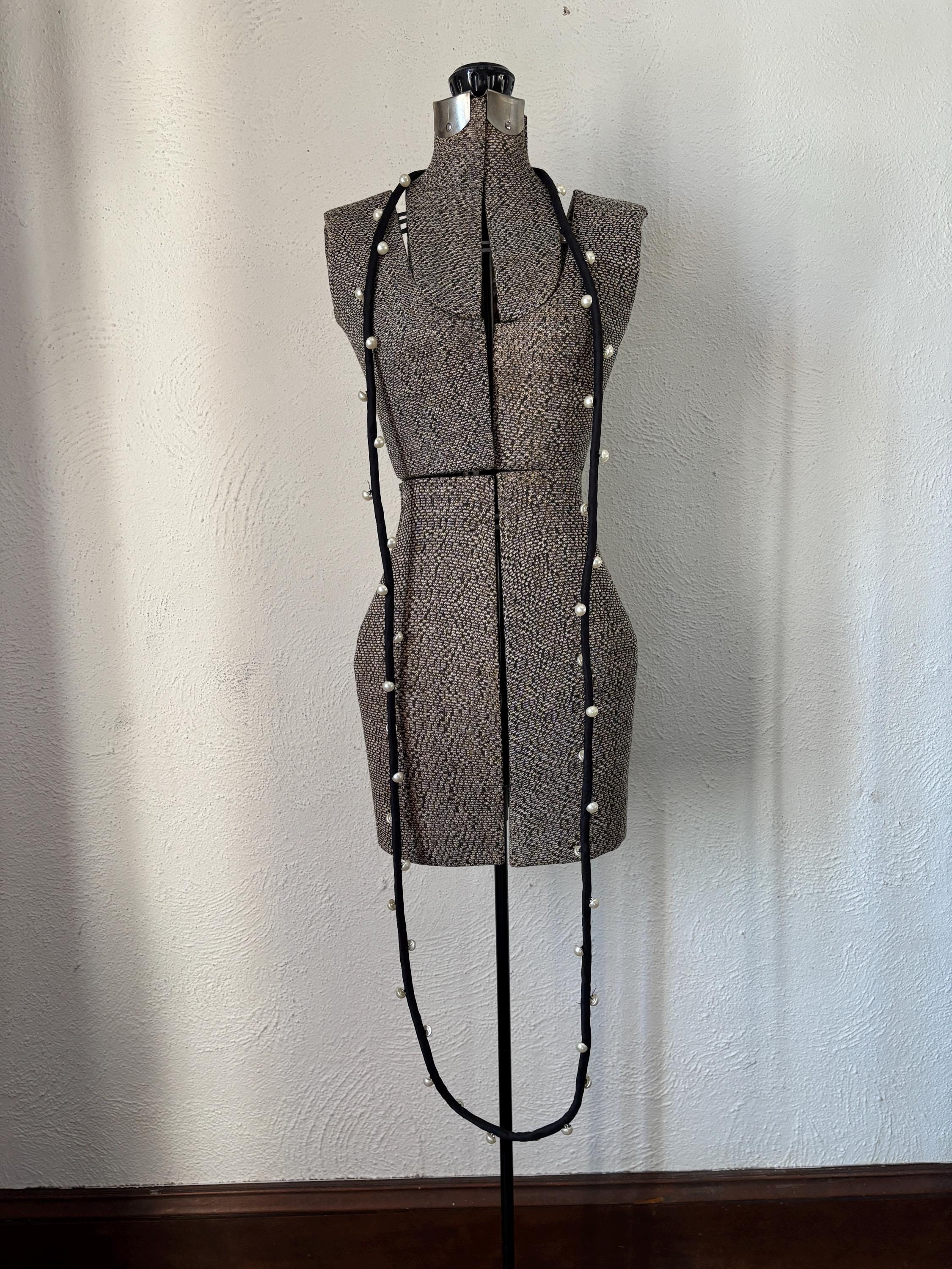 Pearl and Black Fabric Oversized Super Long Multi Layered Necklace Jewelry with Closure