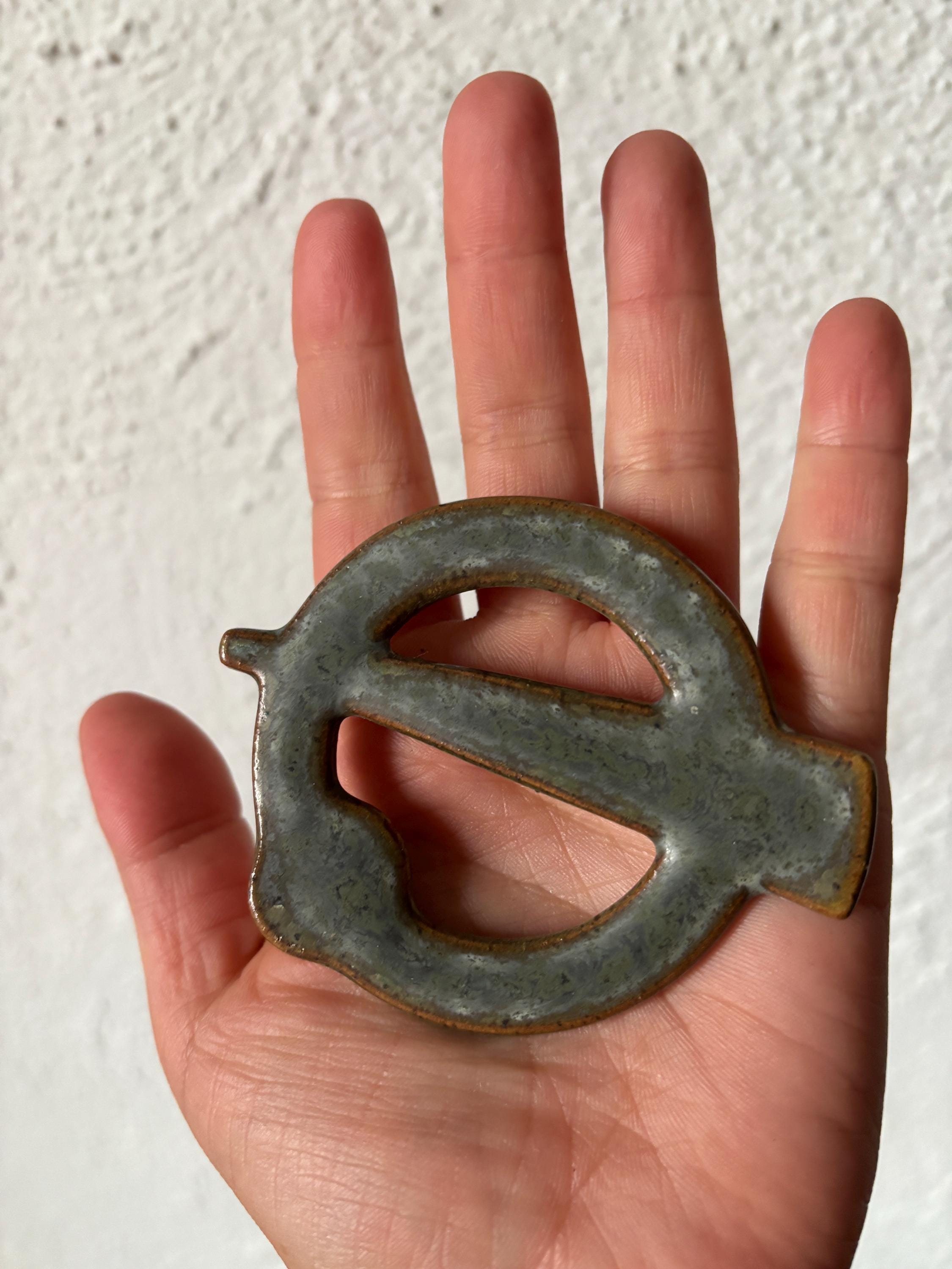 Vintage Mid Century Ceramic Symbolic Gray Large Brooch Pin