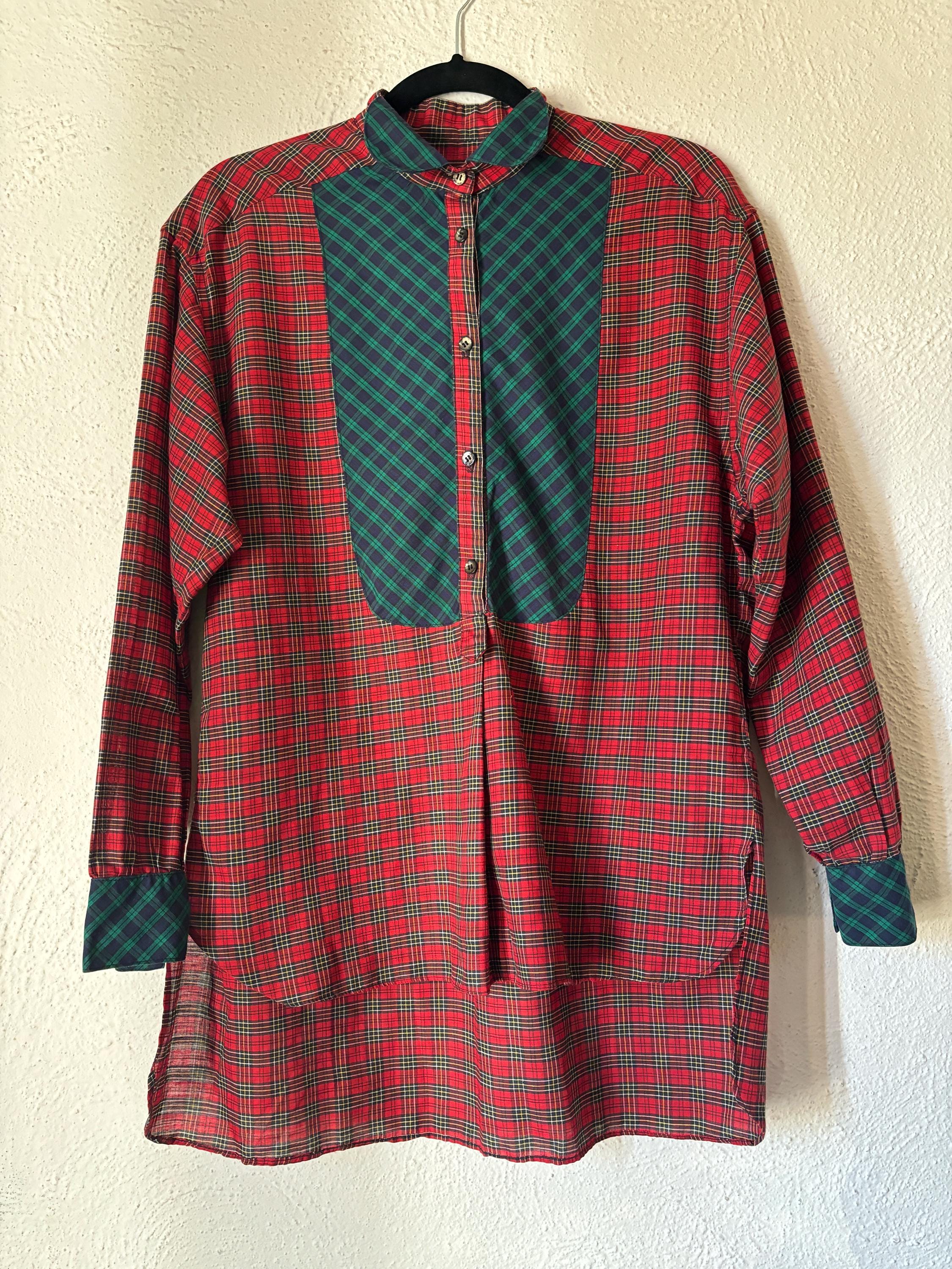 Saks Fifth Avenue Vintage 70s 80s Contrasting Red and Green Plaid Popover Placket Button Down Long Sleeve Shirt Size Large Unisex