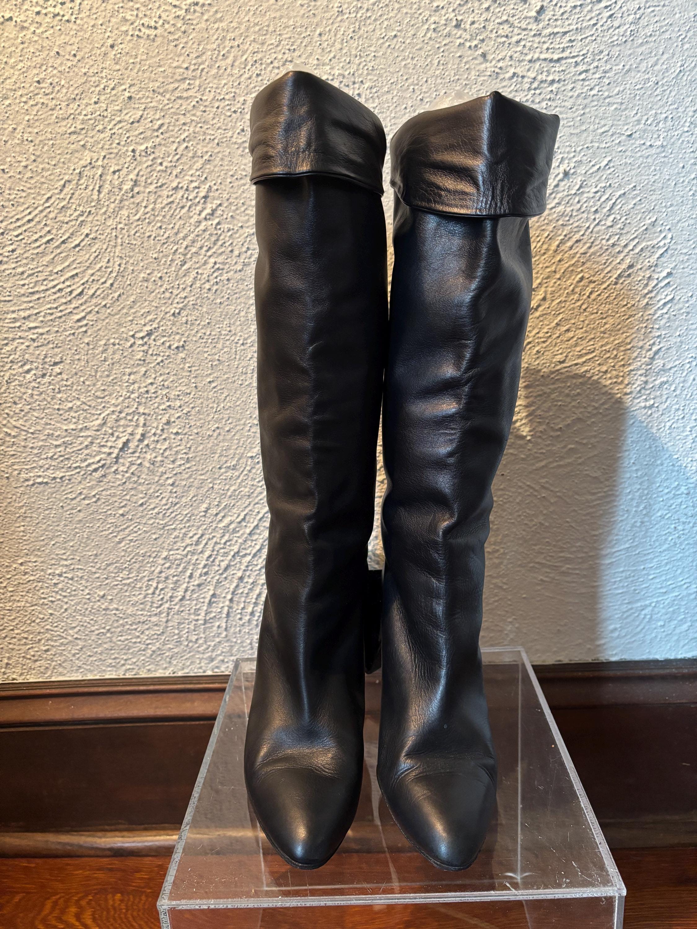 Tall Black Leather Heeled Boots Supple Soft Leather Pointed Toe Folded Chantal Made in Italy Size 8 7.5 Sexy Elegant Classic