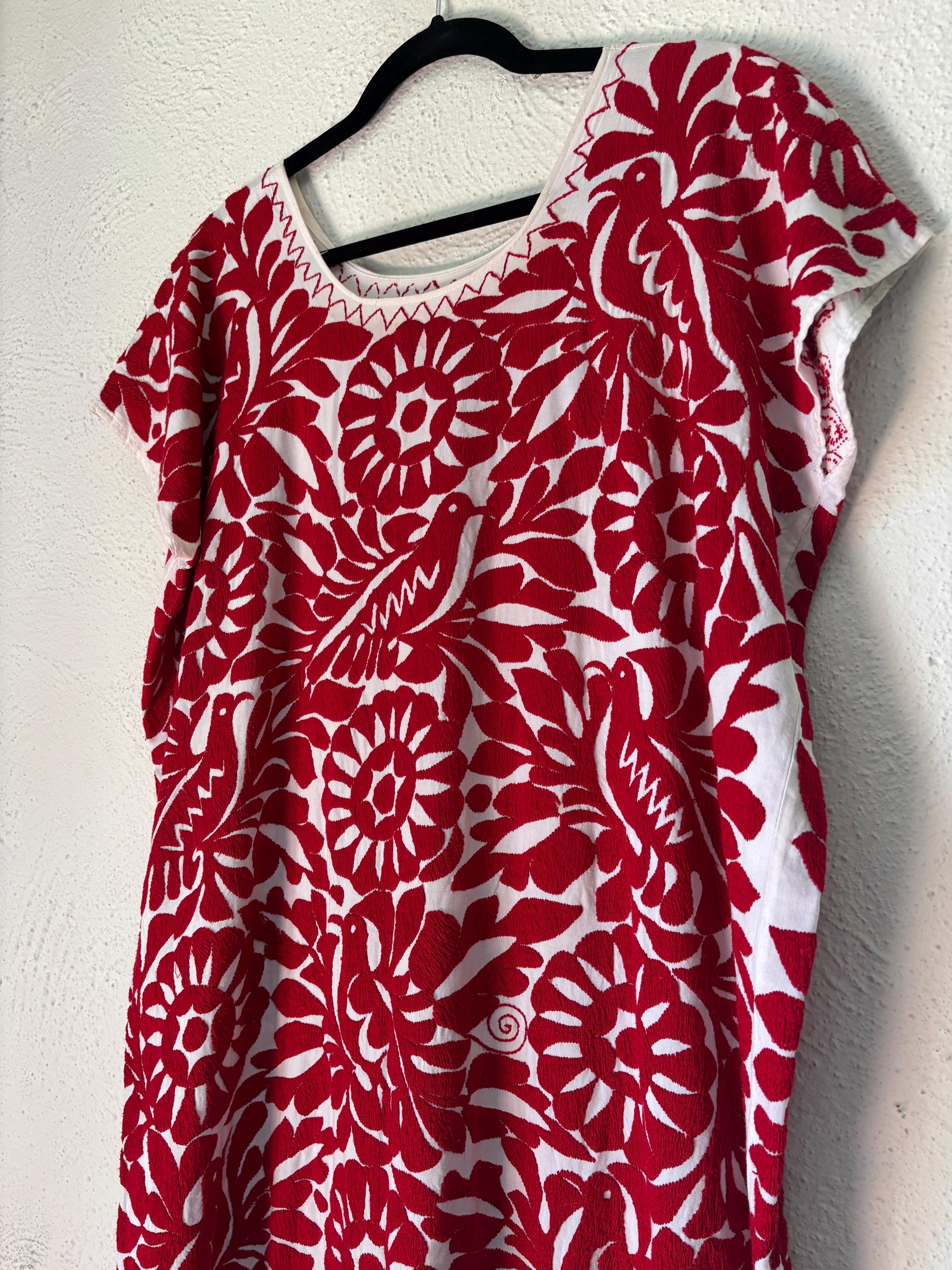 Vintage Mexican Huipil Red Embroidered Bird and Flower White Cotton Dress