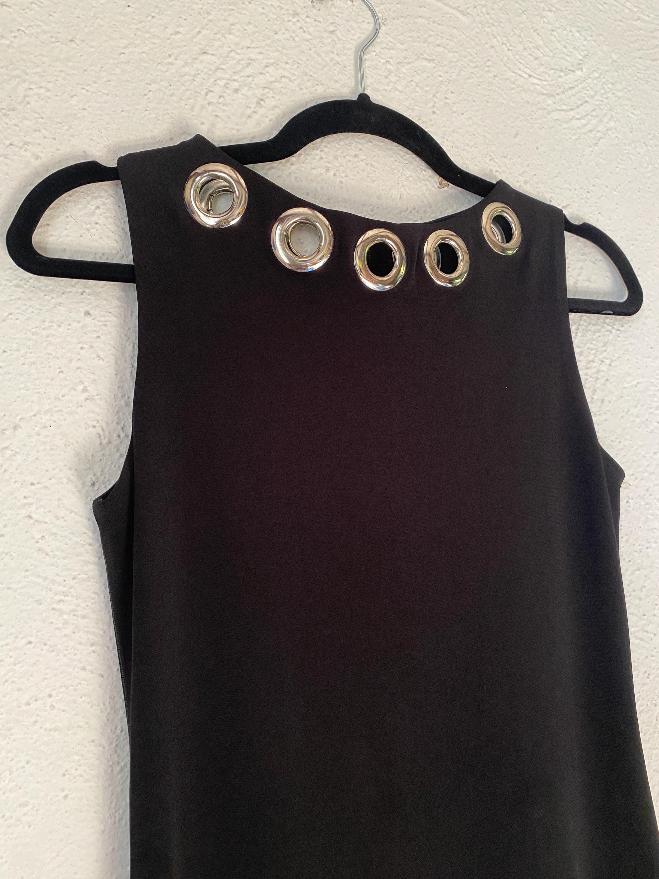 Y2K Black Stretchy Silver Grommets Hardware Peekaboo Mini Knee Length Evo Vorro Made in USA Medium