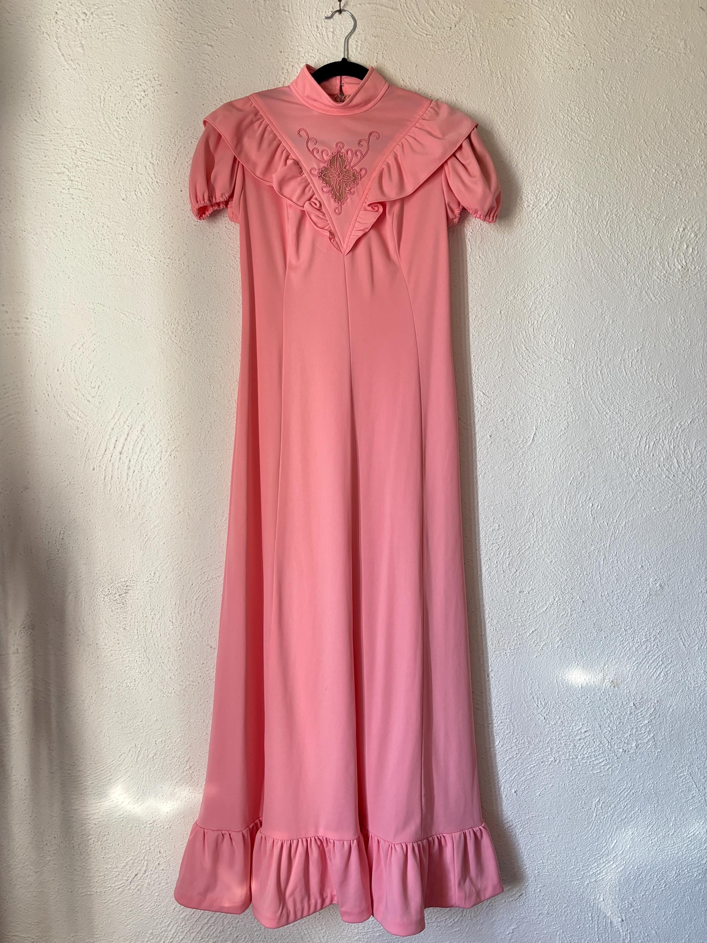 Romantic Pink Ruffled 1970s Maxi Dress Bubble Sleeve Sheer High Neck Embroidered Detail Size Small Medium