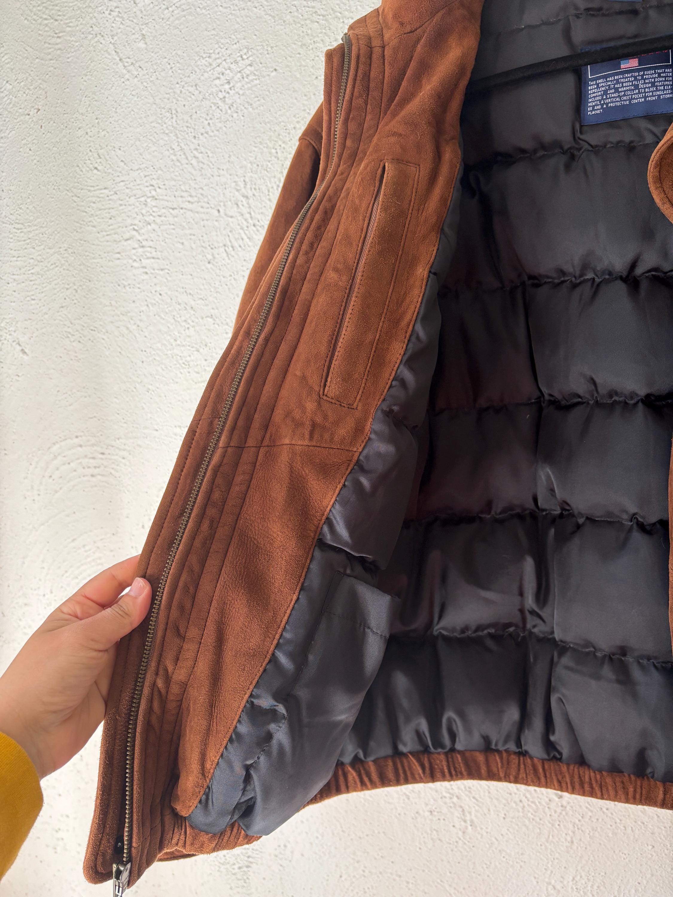 Rare POLO Sport Men’s Brown Suede Quilted Jacket Coat Down Filled Ralph Lauren Size Large Bomber Jacket Pockets