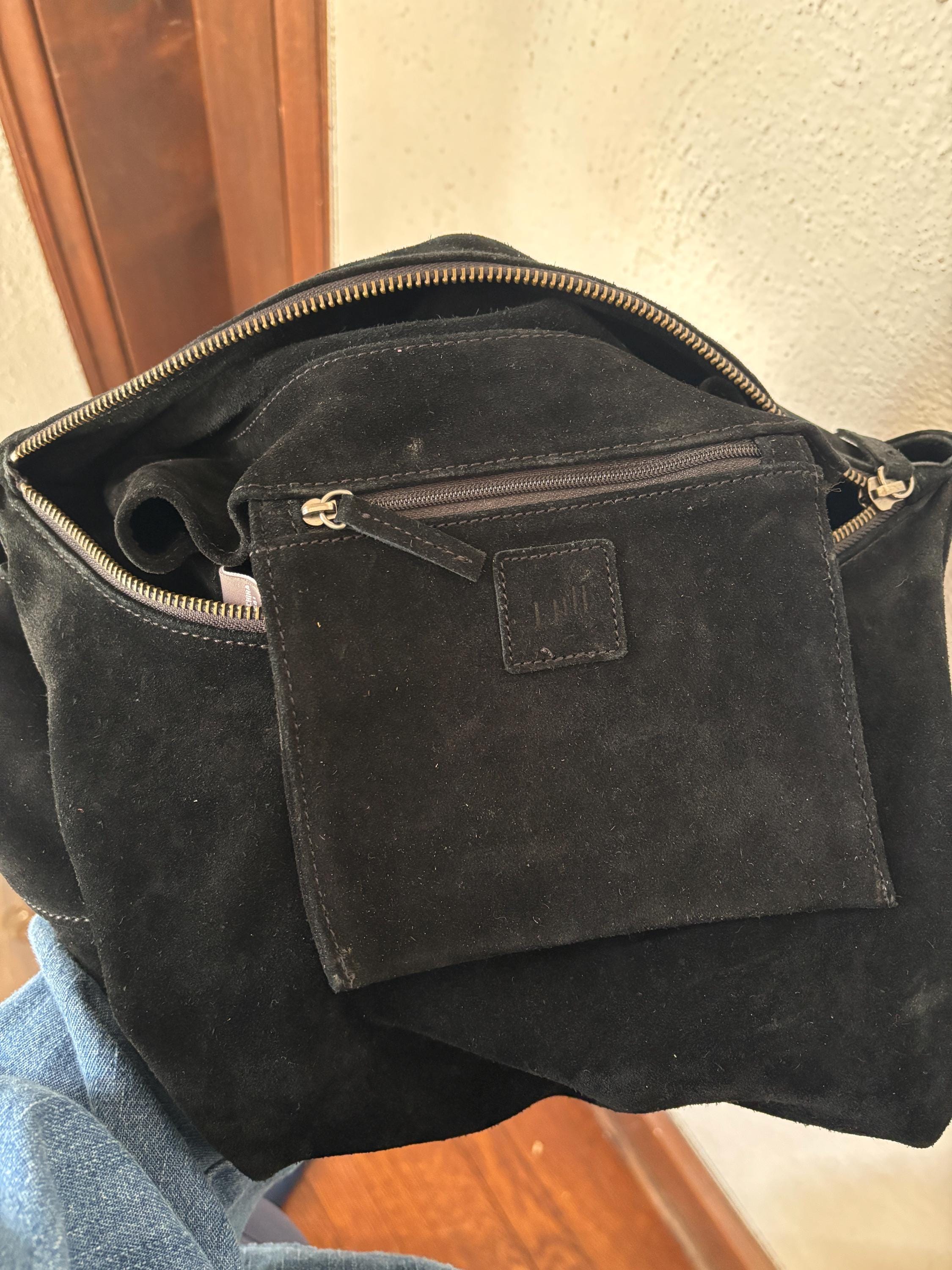 J. Jill Black Suede Wide Crossbody Long Strap Large Leather Bag 90s Minimal Classic Handbag