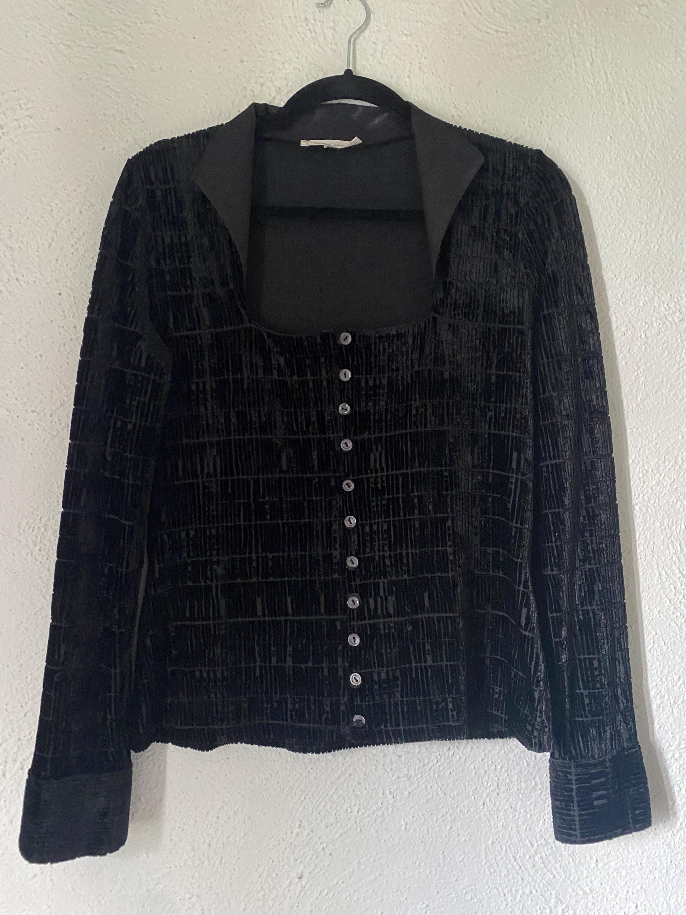 Rayure Paris Burnout Black Velvet 90s Sexy Sheer Square Neck Button Down Sexy Blouse Medium Large Made in France Y2K