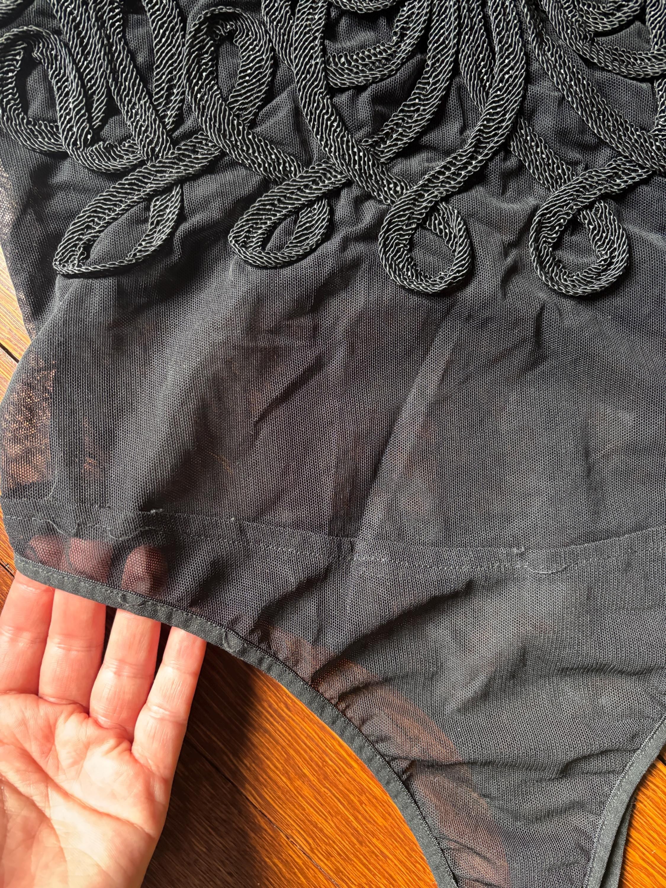Sheer Black Decorative Ribbon Embroidered Mesh Thong Bodysuit Anne Klein 90s Sexy Undergarment Lingerie Top size 6 M