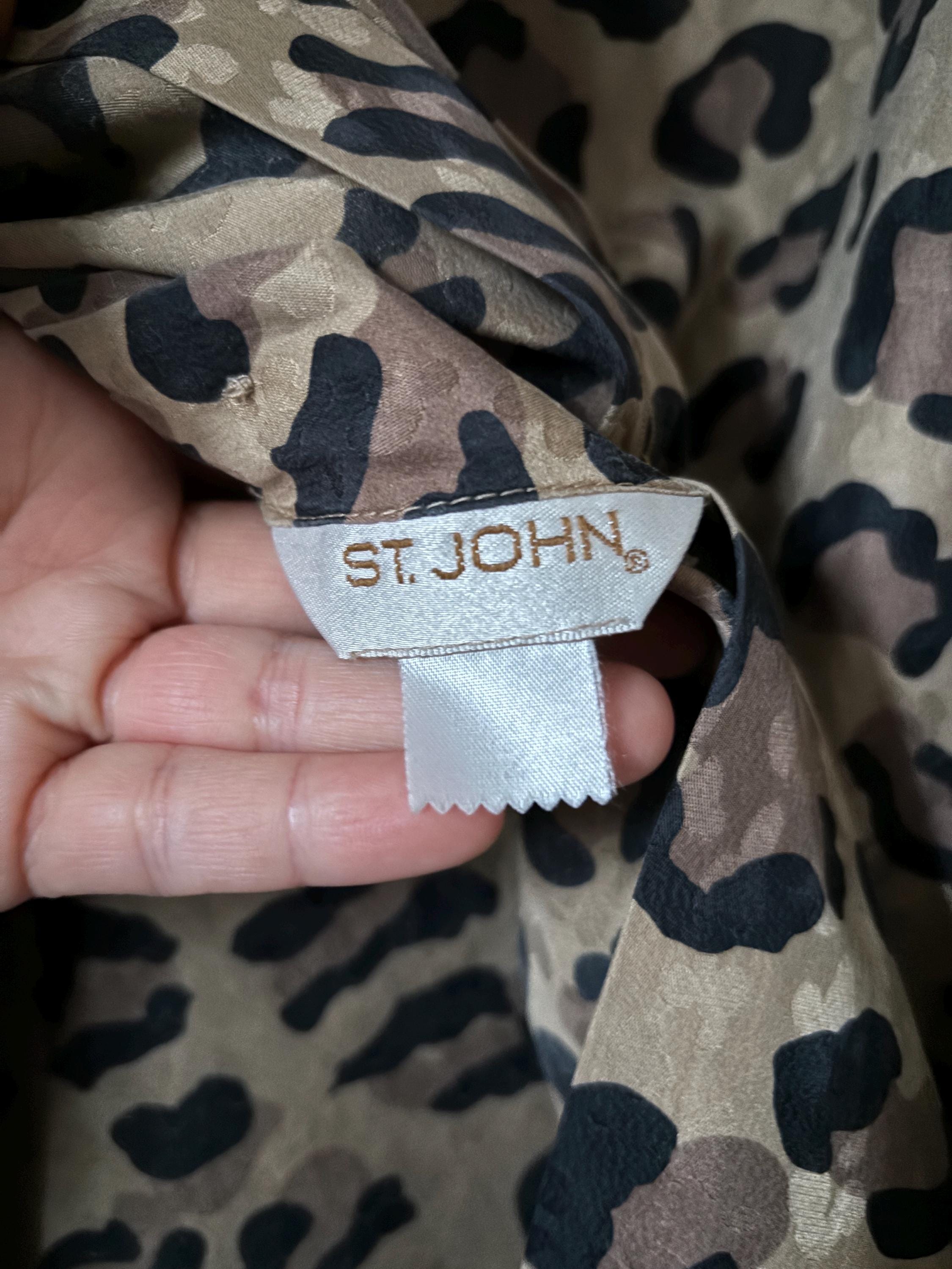 ST JOHN Vintage Silk 80s Leopard Print Button Down Blouse with Pussy Bow Attached Scarf Size Medium