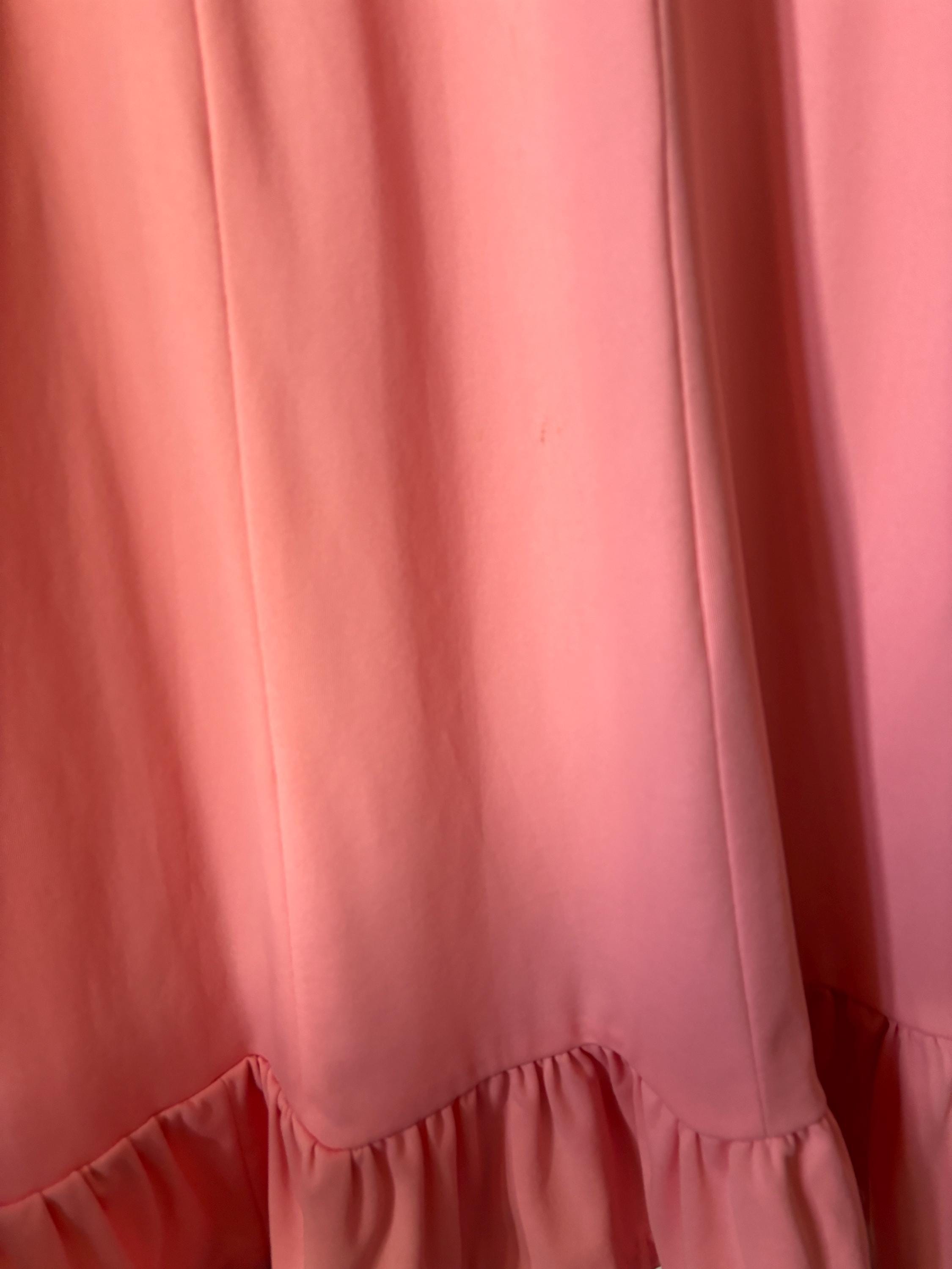 Romantic Pink Ruffled 1970s Maxi Dress Bubble Sleeve Sheer High Neck Embroidered Detail Size Small Medium