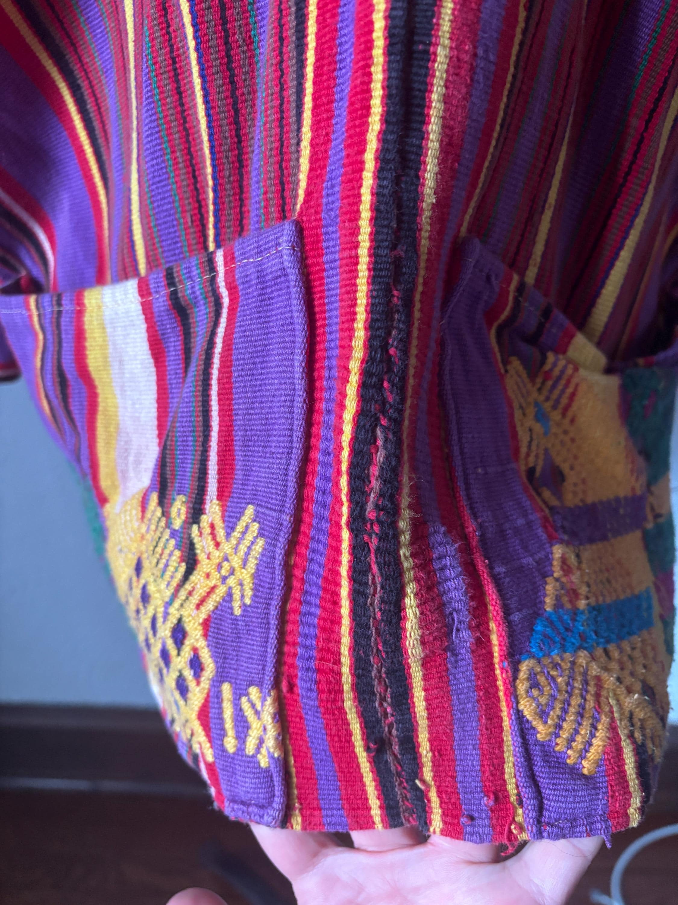 Vintage Guatemalan Huipil Handmade Red Purple Yellow Heavy Cotton Striped V Neck Long Sleeve Tunic Poncho Top with Embroidered Pockets