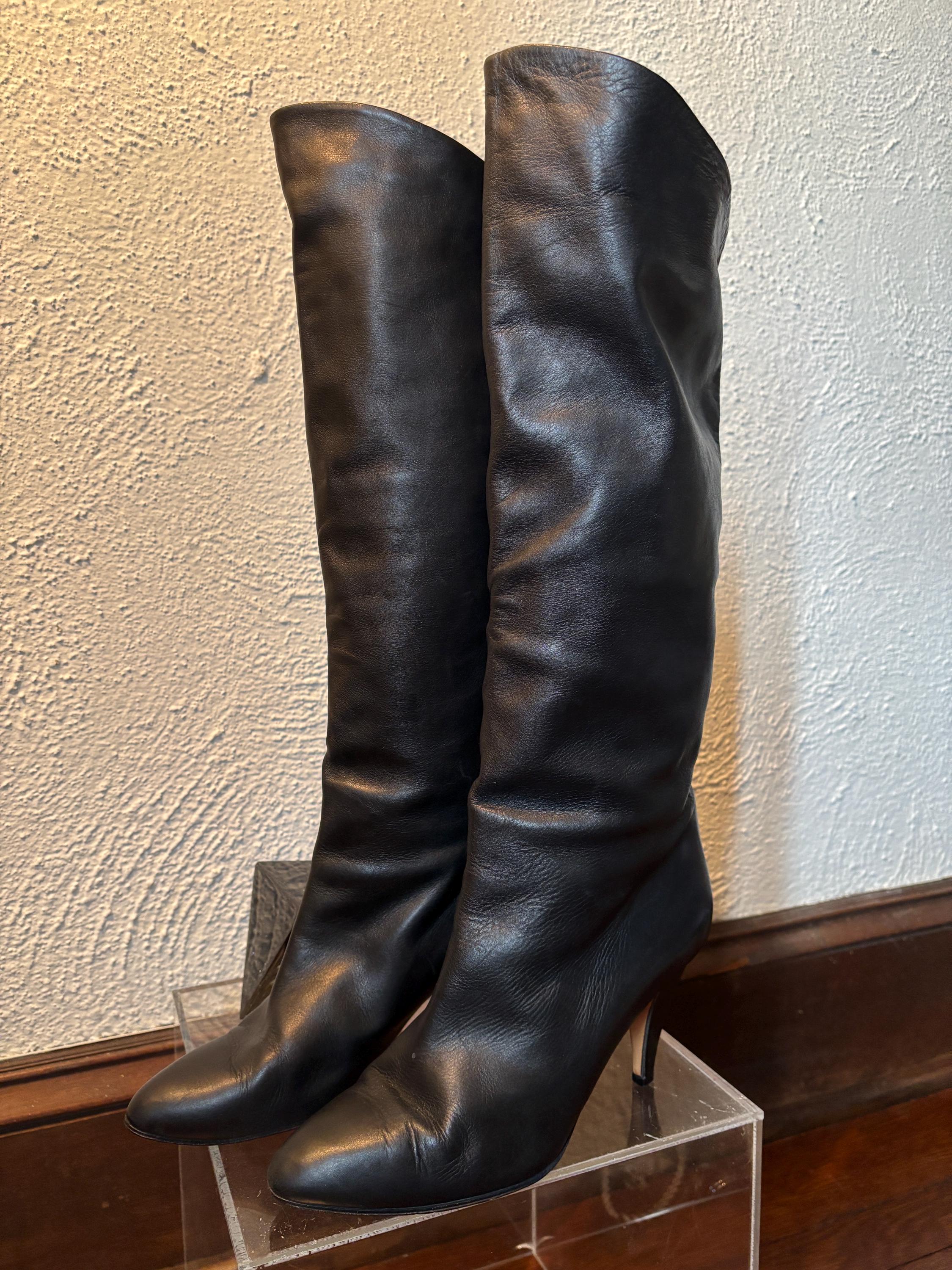 Tall Black Leather Heeled Boots Supple Soft Leather Pointed Toe Folded Chantal Made in Italy Size 8 7.5 Sexy Elegant Classic