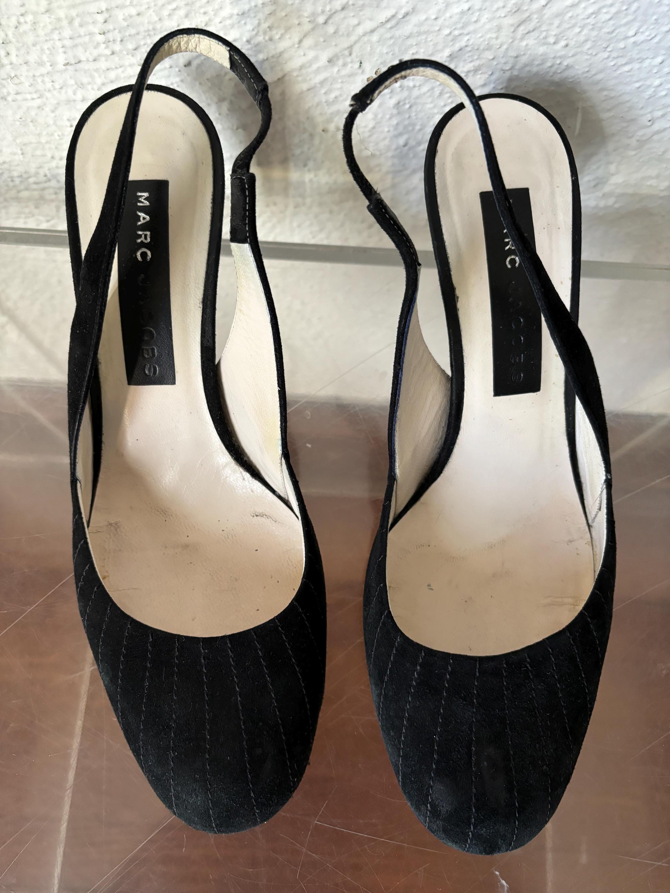 Marc Jacobs 2000s Black Stitched Suede Leather Slingback Heels size 7.5 Made in Italy