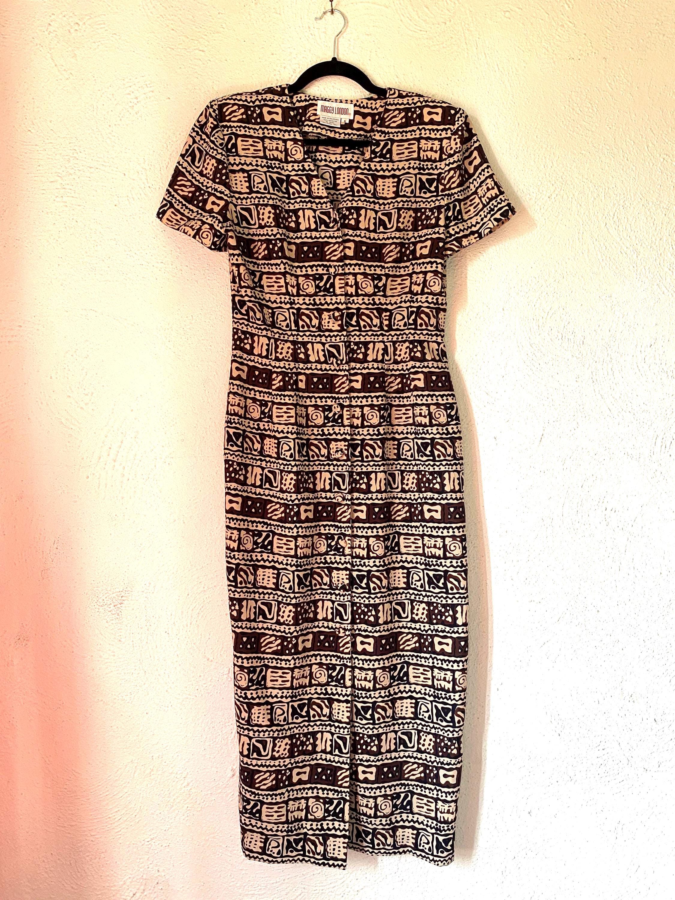 Vintage Maggy London 80s 90s Graphic Geo Print Maxi Button Down Dress Size 6