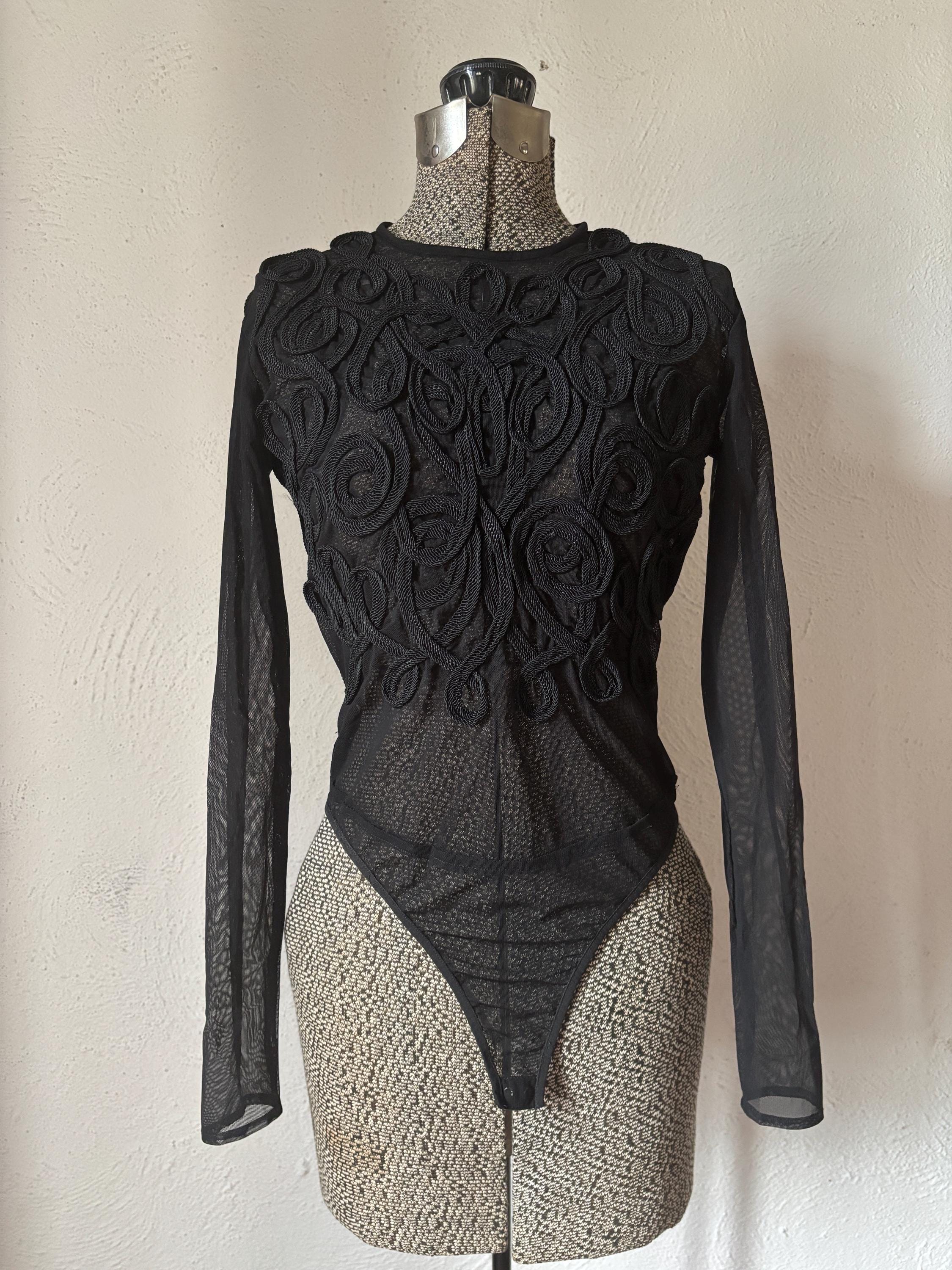 Sheer Black Decorative Ribbon Embroidered Mesh Thong Bodysuit Anne Klein 90s Sexy Undergarment Lingerie Top size 6 M
