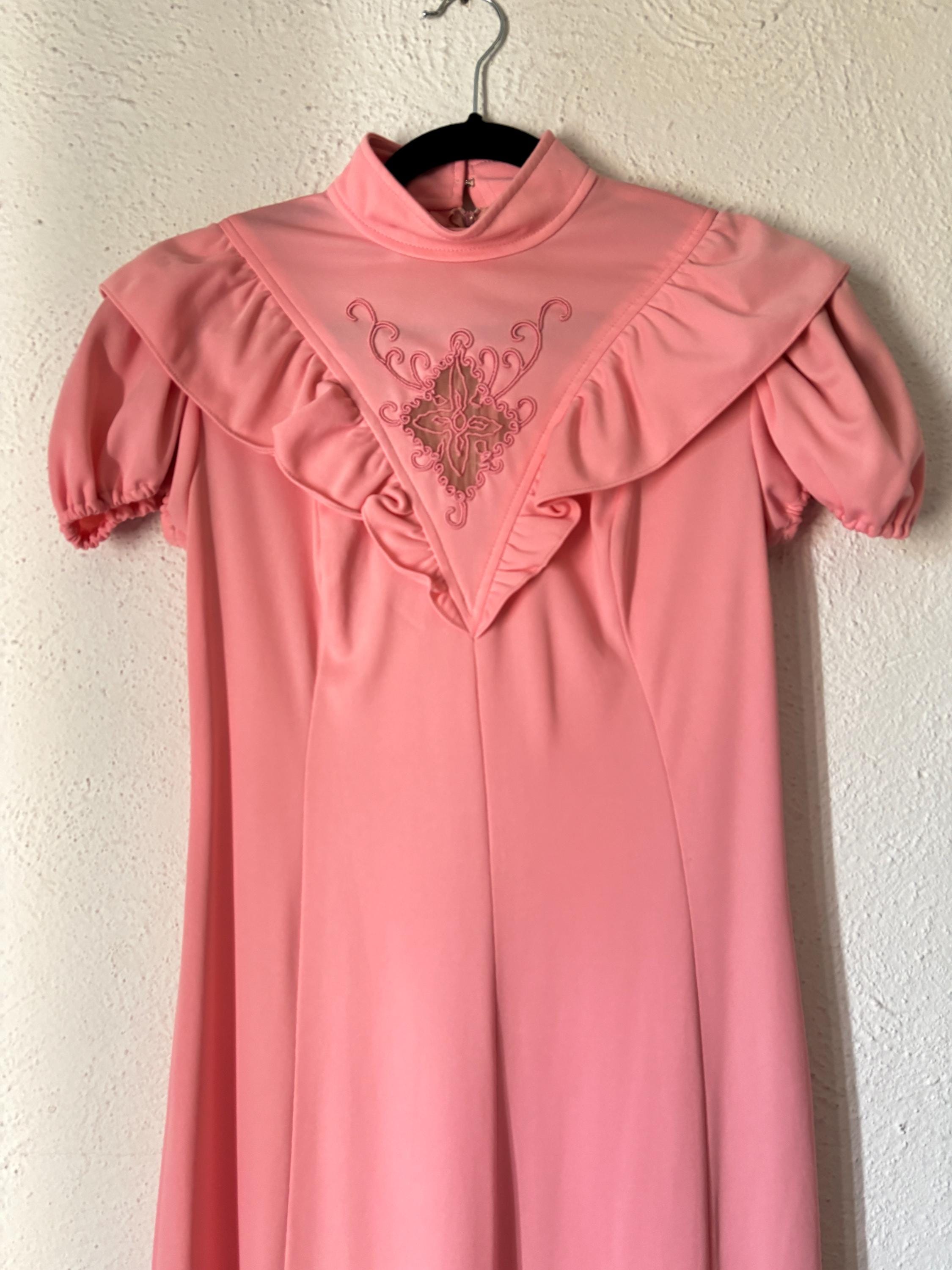 Romantic Pink Ruffled 1970s Maxi Dress Bubble Sleeve Sheer High Neck Embroidered Detail Size Small Medium