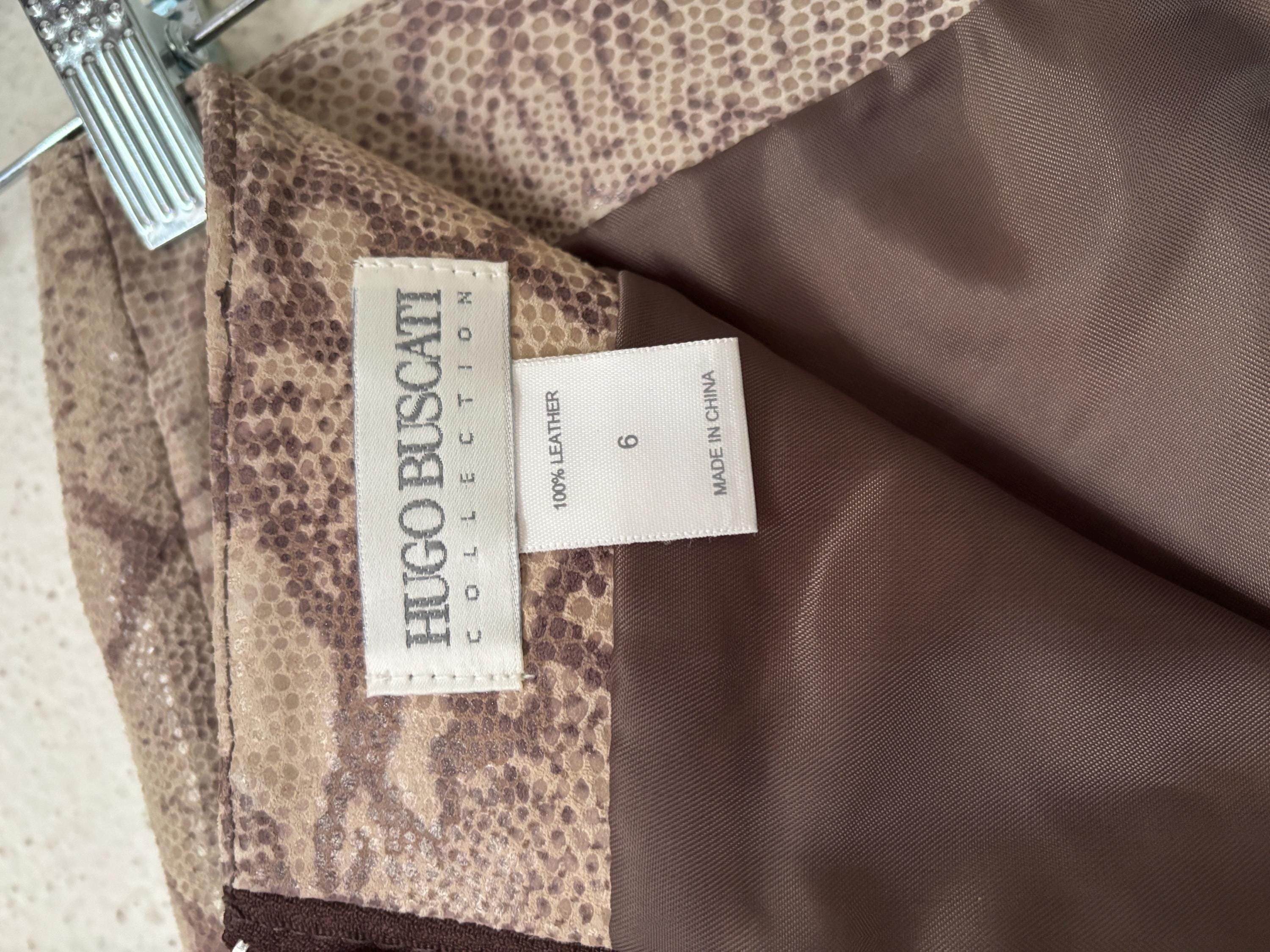 90s Y2K Hugo Buscati Collection Leather Embossed Shiny Snakeskin Lined Mini Skirt Size 6 Brown Tan Beige Small Medium Sexy Vintage