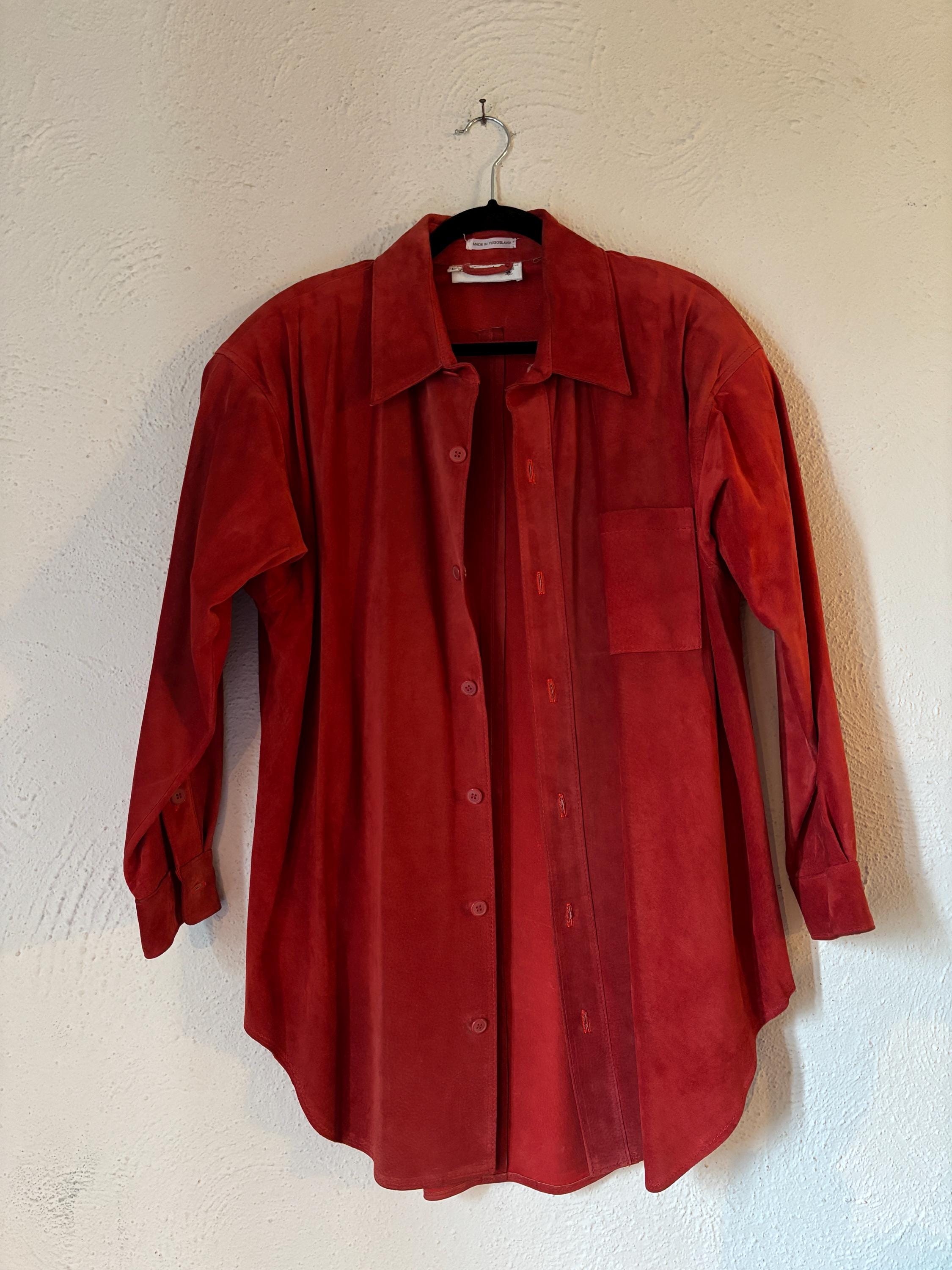 VTG 80s 90s Vibrant Burnt Red Suede Leather Oversized Buttondown Shirt Jacket with Pocket Shoulderpads Courtney Rhodes Yugoslavia Large