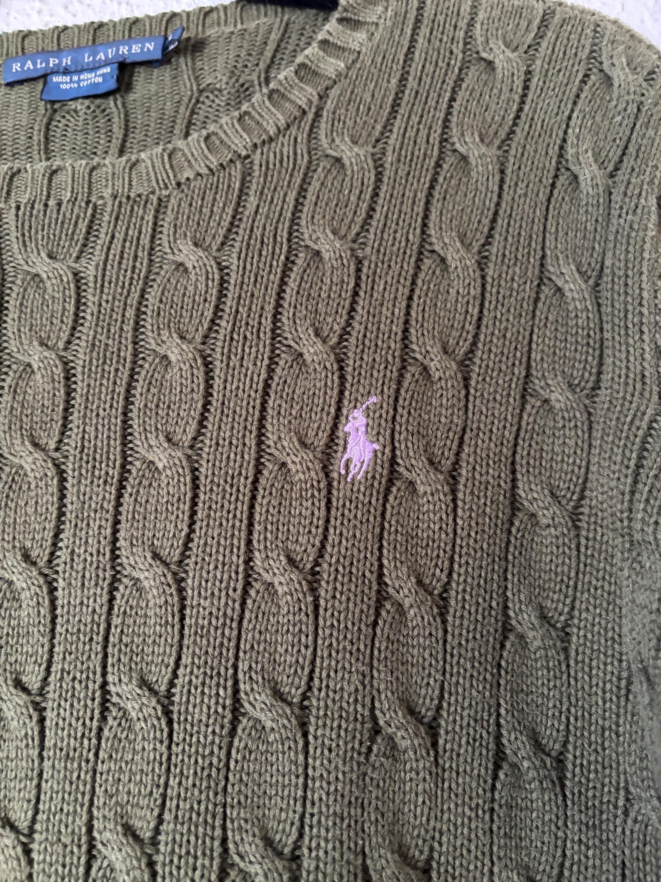 Ralph Lauren Olive Green Cableknit Pullover Sweater Polo Logo Preppy 100% Cotton Size Large Preppy Classic
