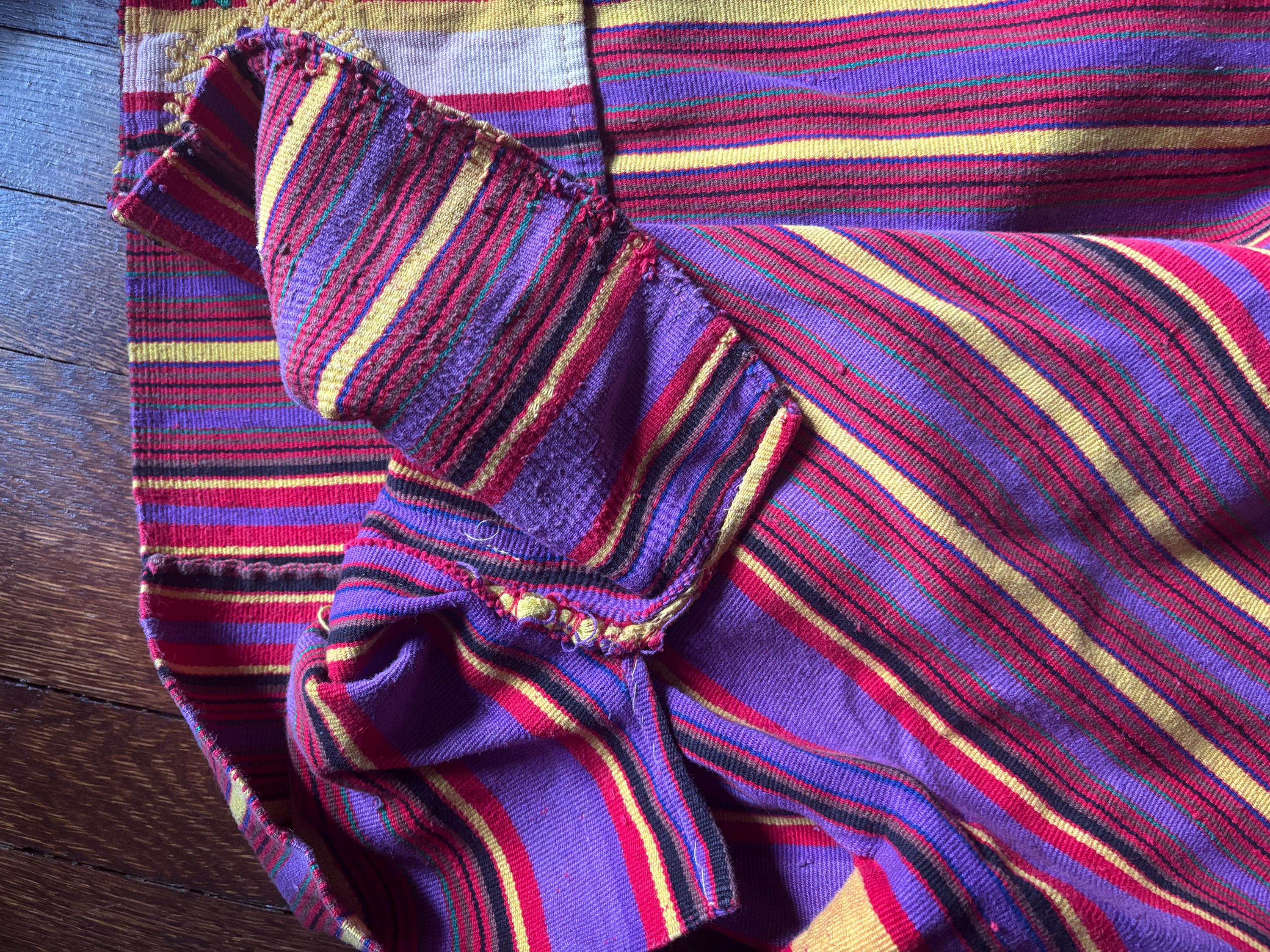 Vintage Guatemalan Huipil Handmade Red Purple Yellow Heavy Cotton Striped V Neck Long Sleeve Tunic Poncho Top with Embroidered Pockets