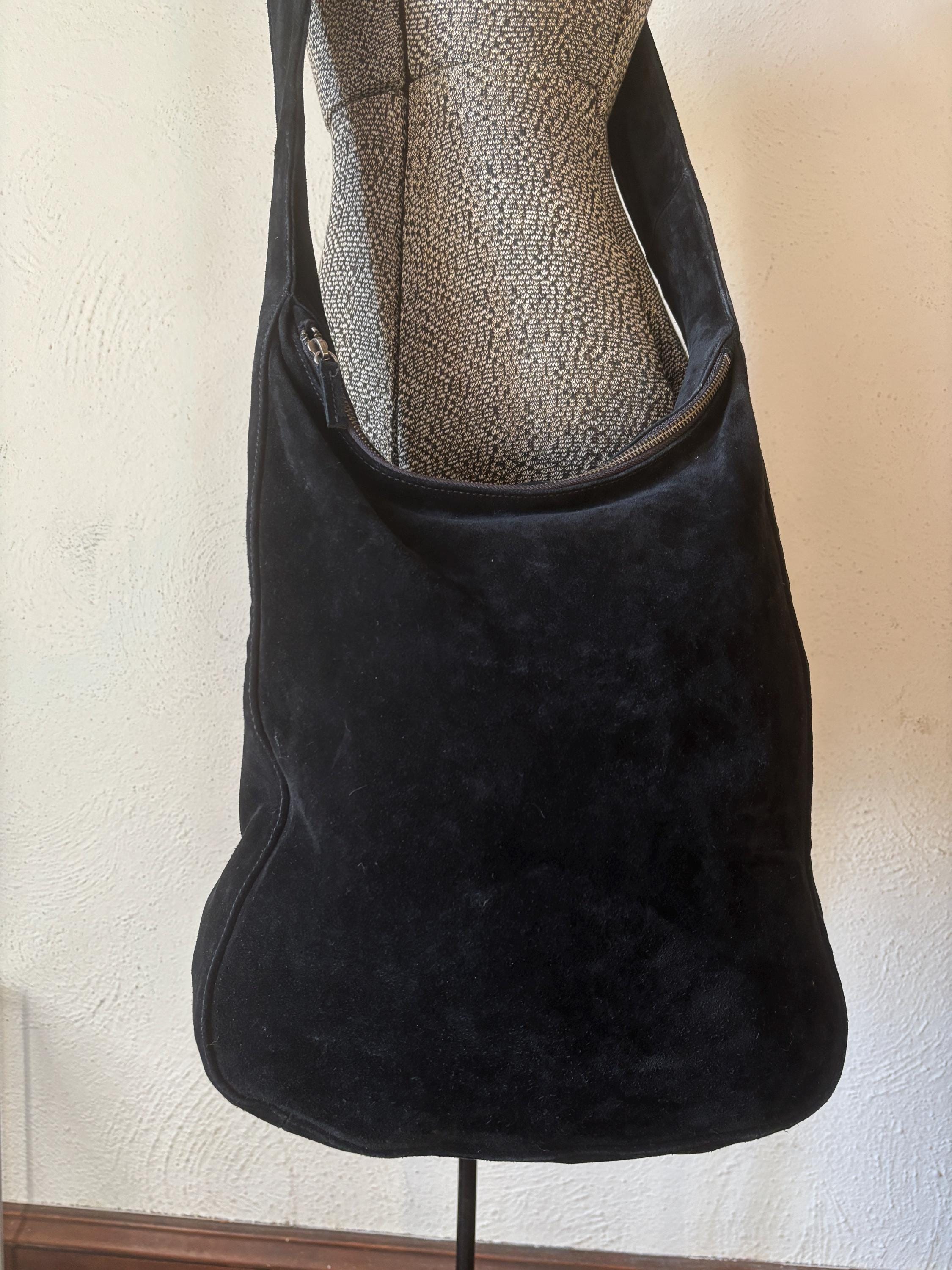 J. Jill Black Suede Wide Crossbody Long Strap Large Leather Bag 90s Minimal Classic Handbag