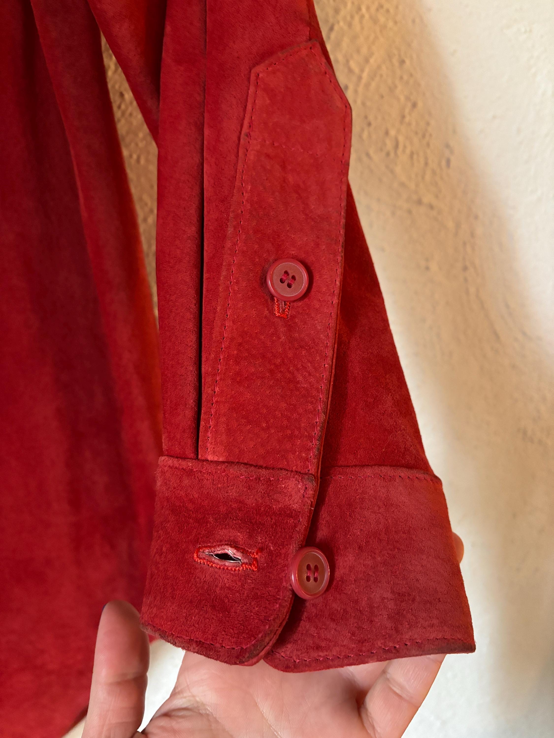 VTG 80s 90s Vibrant Burnt Red Suede Leather Oversized Buttondown Shirt Jacket with Pocket Shoulderpads Courtney Rhodes Yugoslavia Large