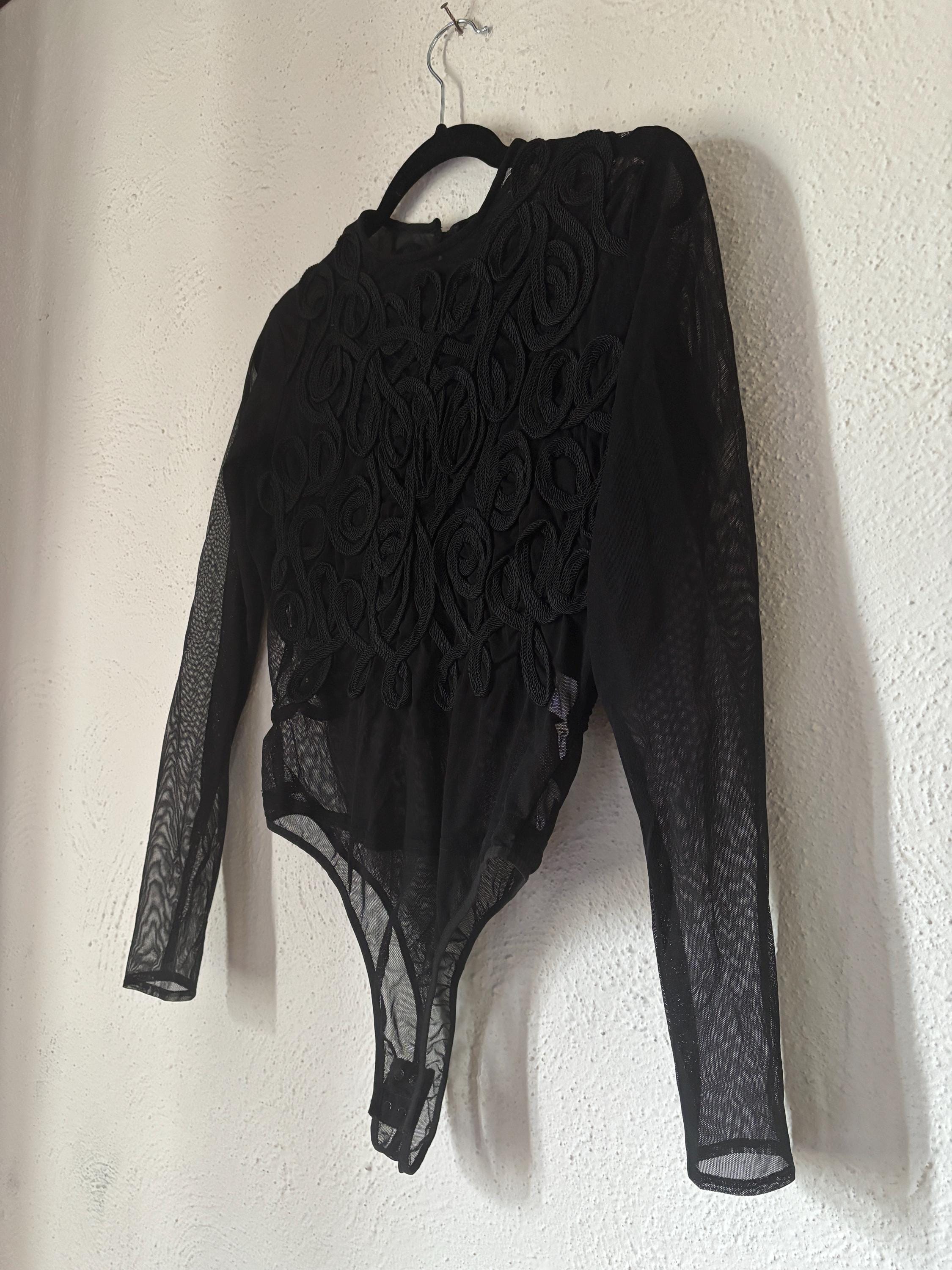 Sheer Black Decorative Ribbon Embroidered Mesh Thong Bodysuit Anne Klein 90s Sexy Undergarment Lingerie Top size 6 M