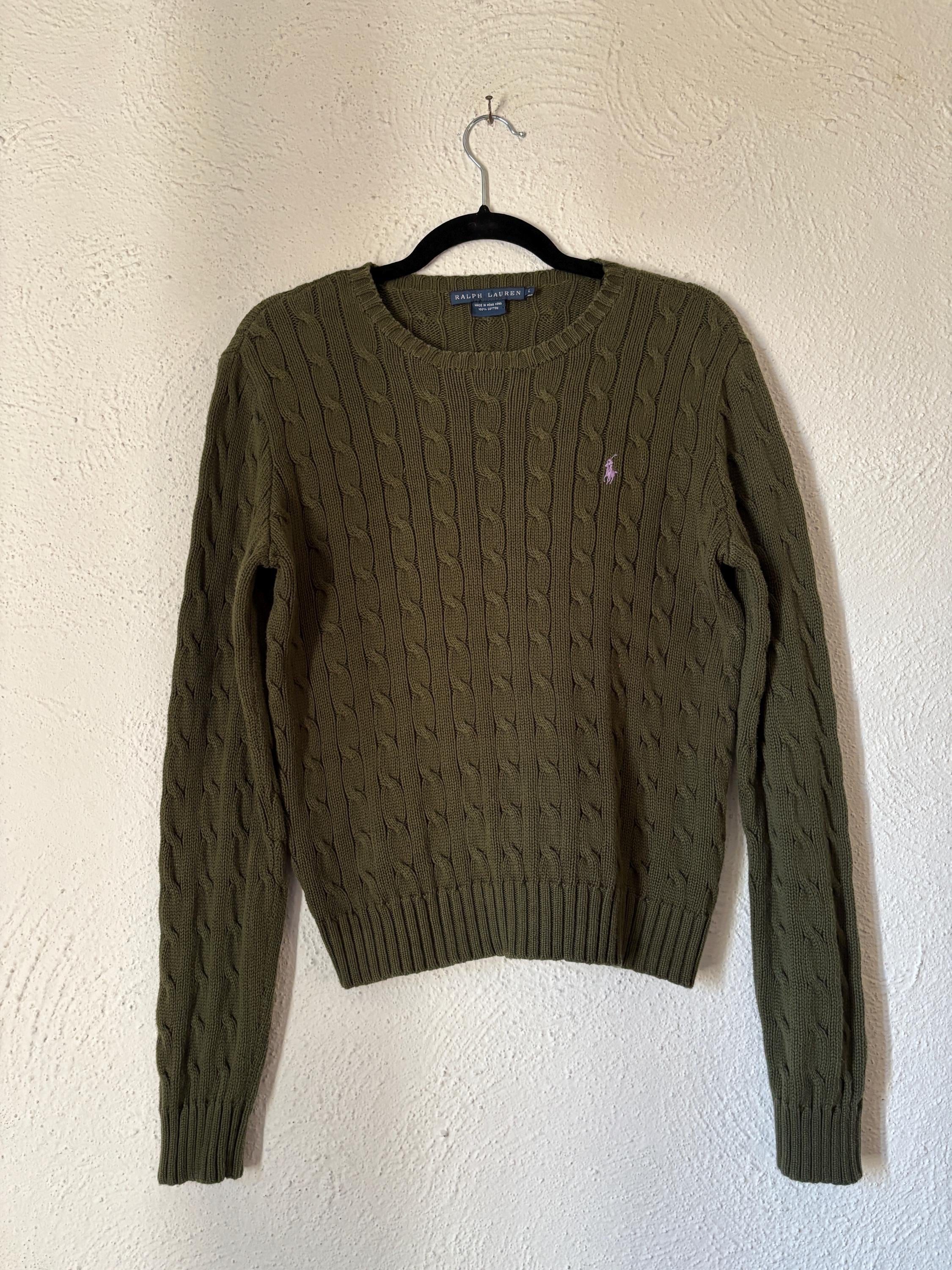 Ralph Lauren Olive Green Cableknit Pullover Sweater Polo Logo Preppy 100% Cotton Size Large Preppy Classic