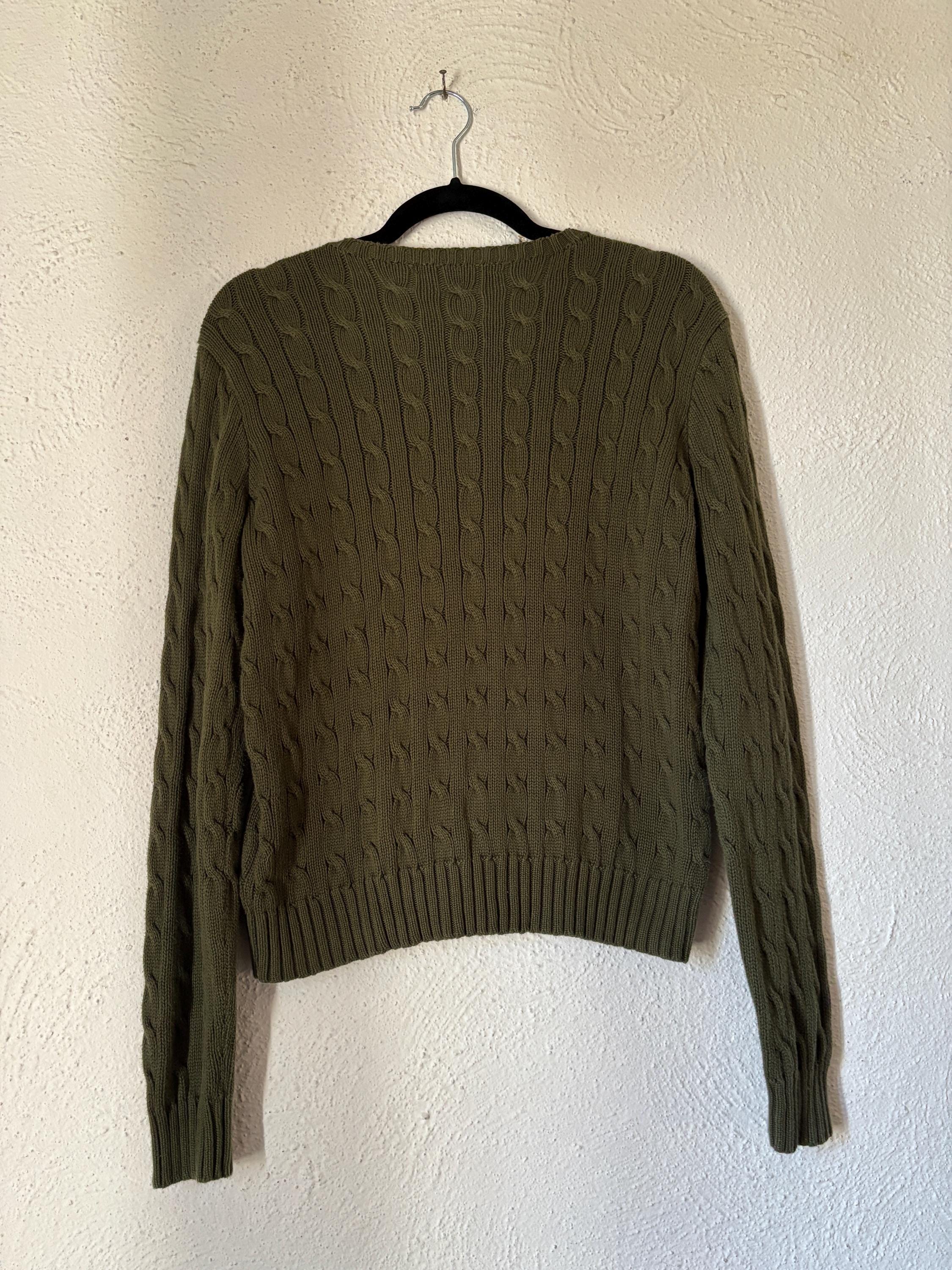 Ralph Lauren Olive Green Cableknit Pullover Sweater Polo Logo Preppy 100% Cotton Size Large Preppy Classic