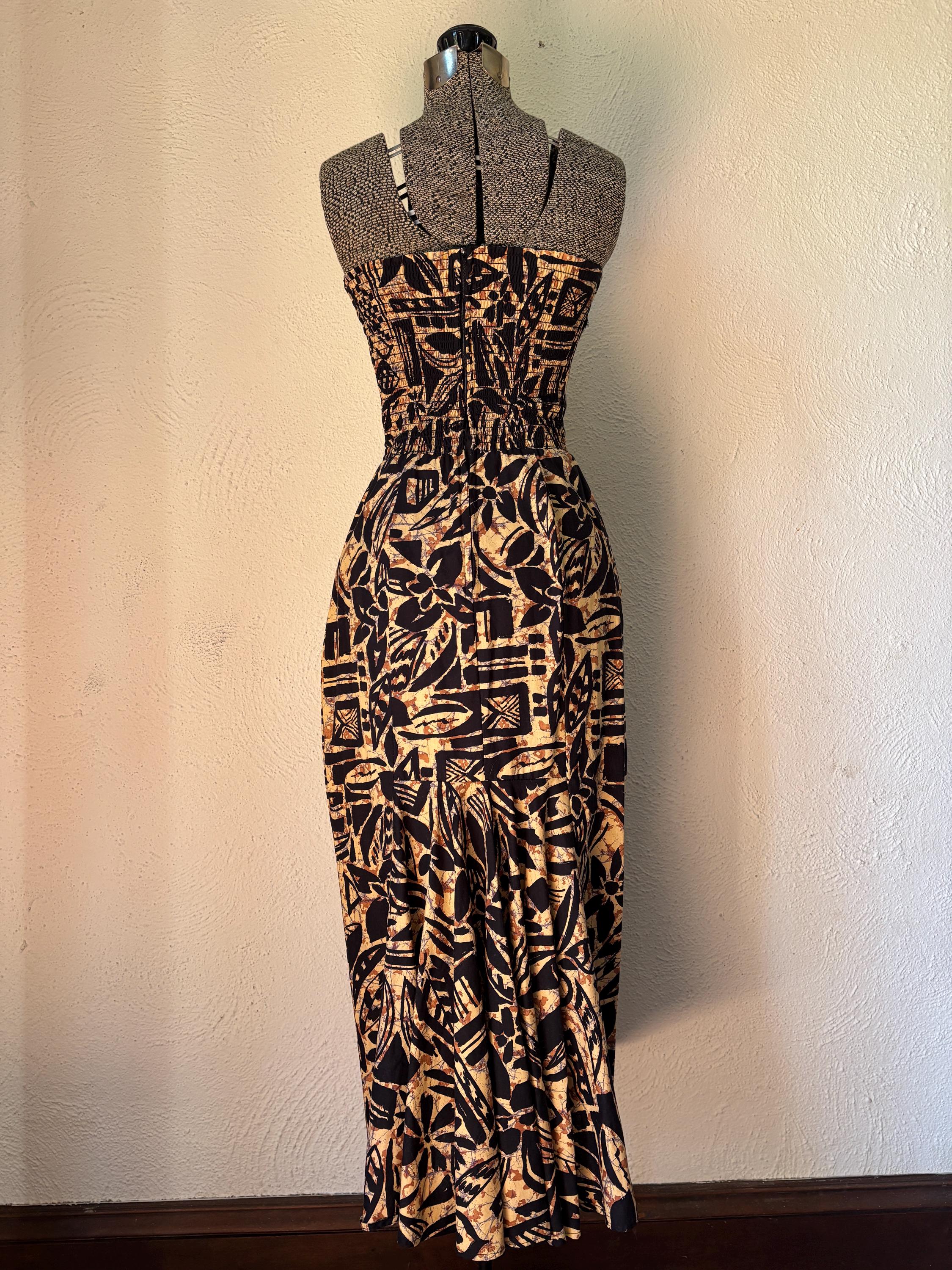 Tropical Brown Print Strapless Dress Sexy Graphic Maxi Stretch Panel Dress Sweetheart Neckline Made in USA 7/8 Vintage P.V. Rich Union Made