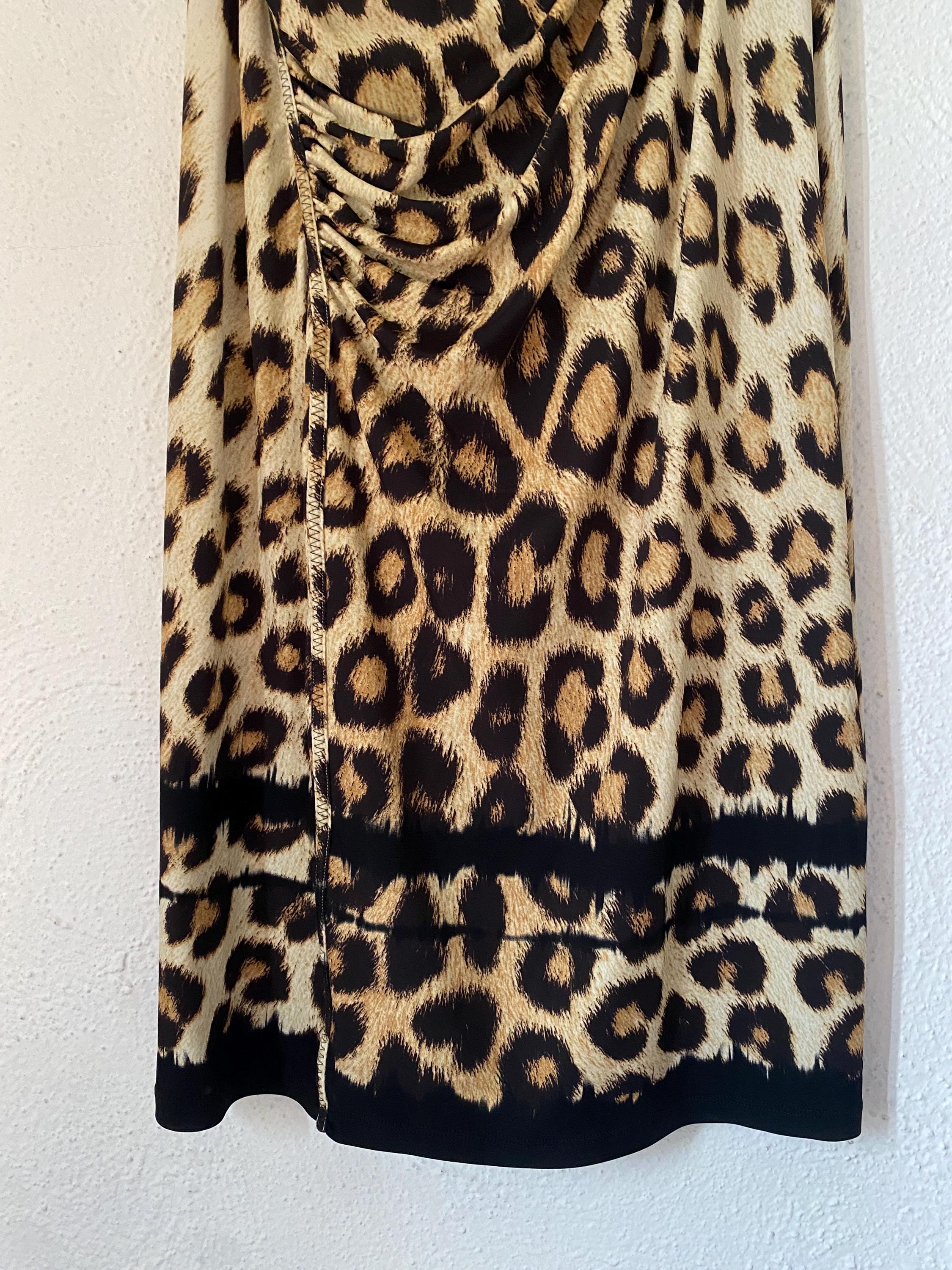 Roberto Cavalli 00s Leopard Print Stretchy Sexy Midi Dress with Ruching Made in Italy Size 44 Medium 6